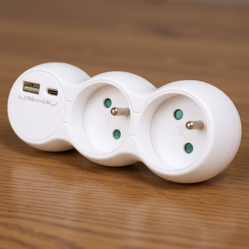 Białe gniazdo z 2 gniazdami i portem USB. Na białym tle, widok z boku.