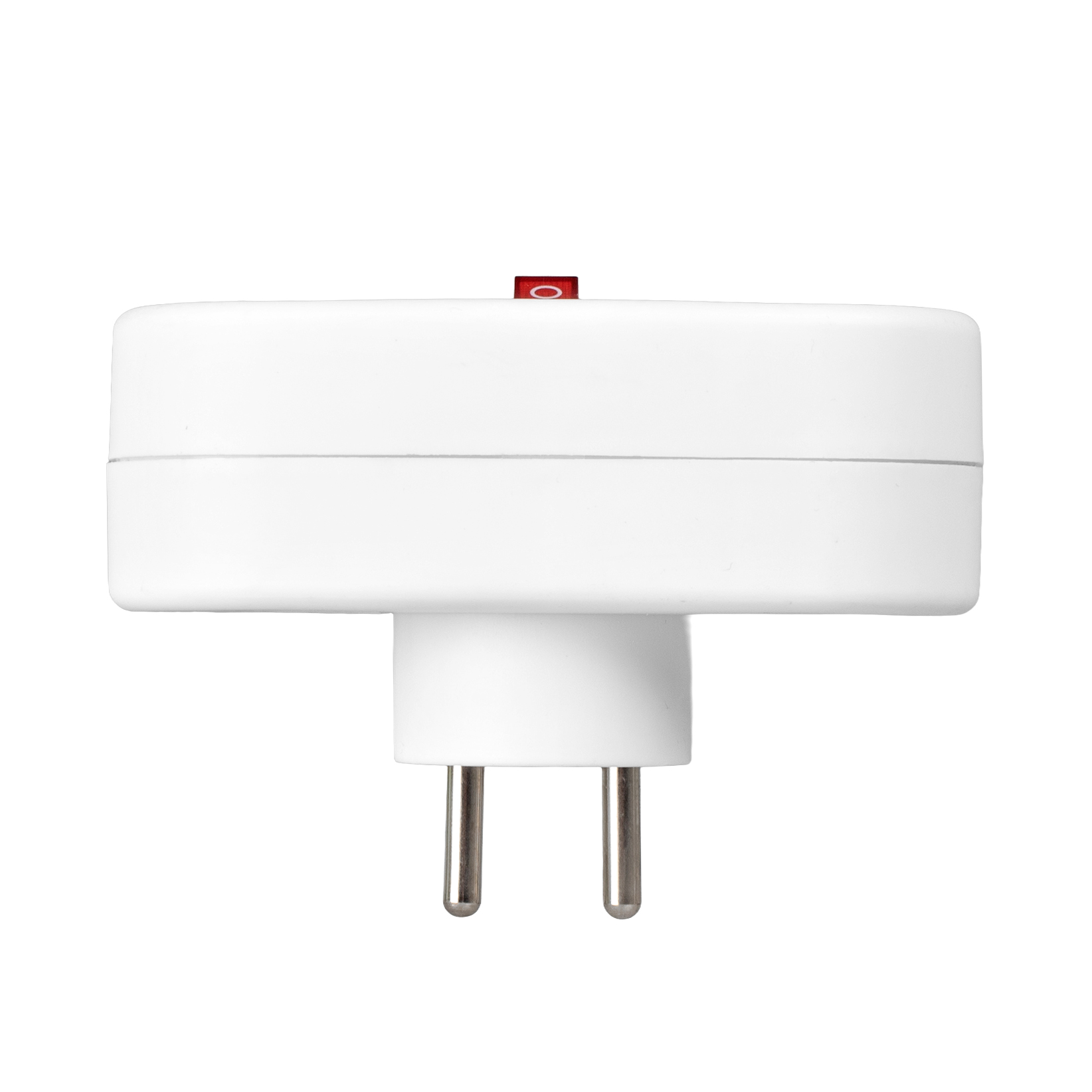 Biała przejściówka wtyczki UE z dwoma pinami i czerwonym wskaźnikiem zasilania.