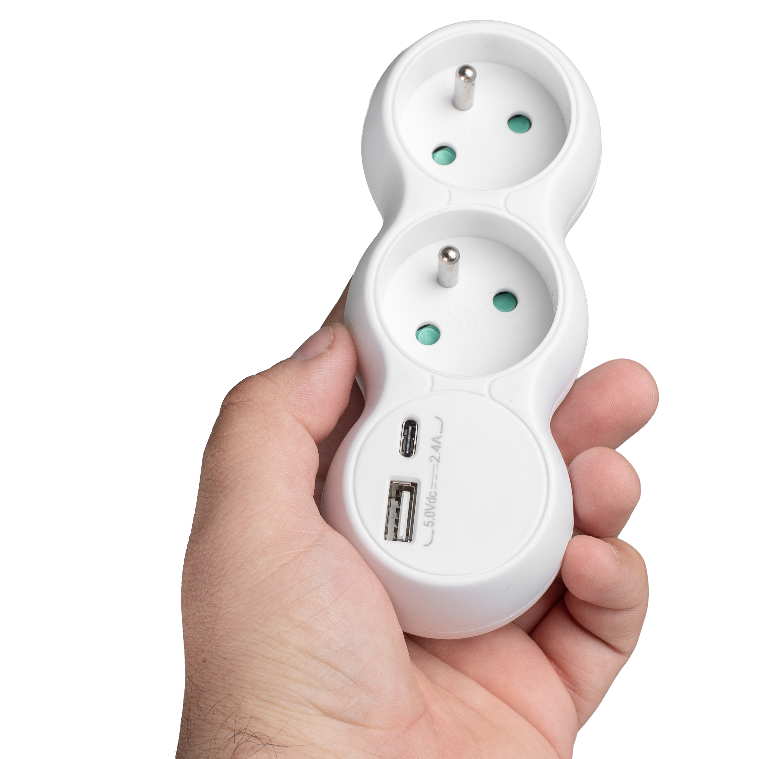 Dłoń trzymająca białą listwę zasilającą z dwoma gniazdami, portami USB i USB-C.