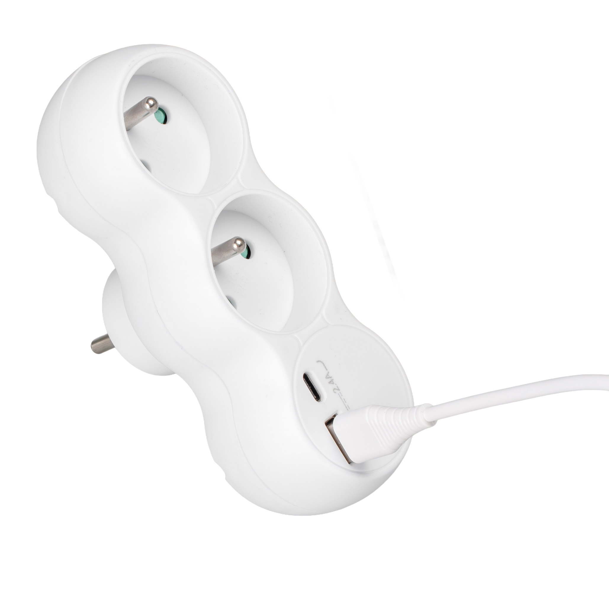 Biała listwa zasilająca z dwoma gniazdami, portami USB i USB-C, z kablem.