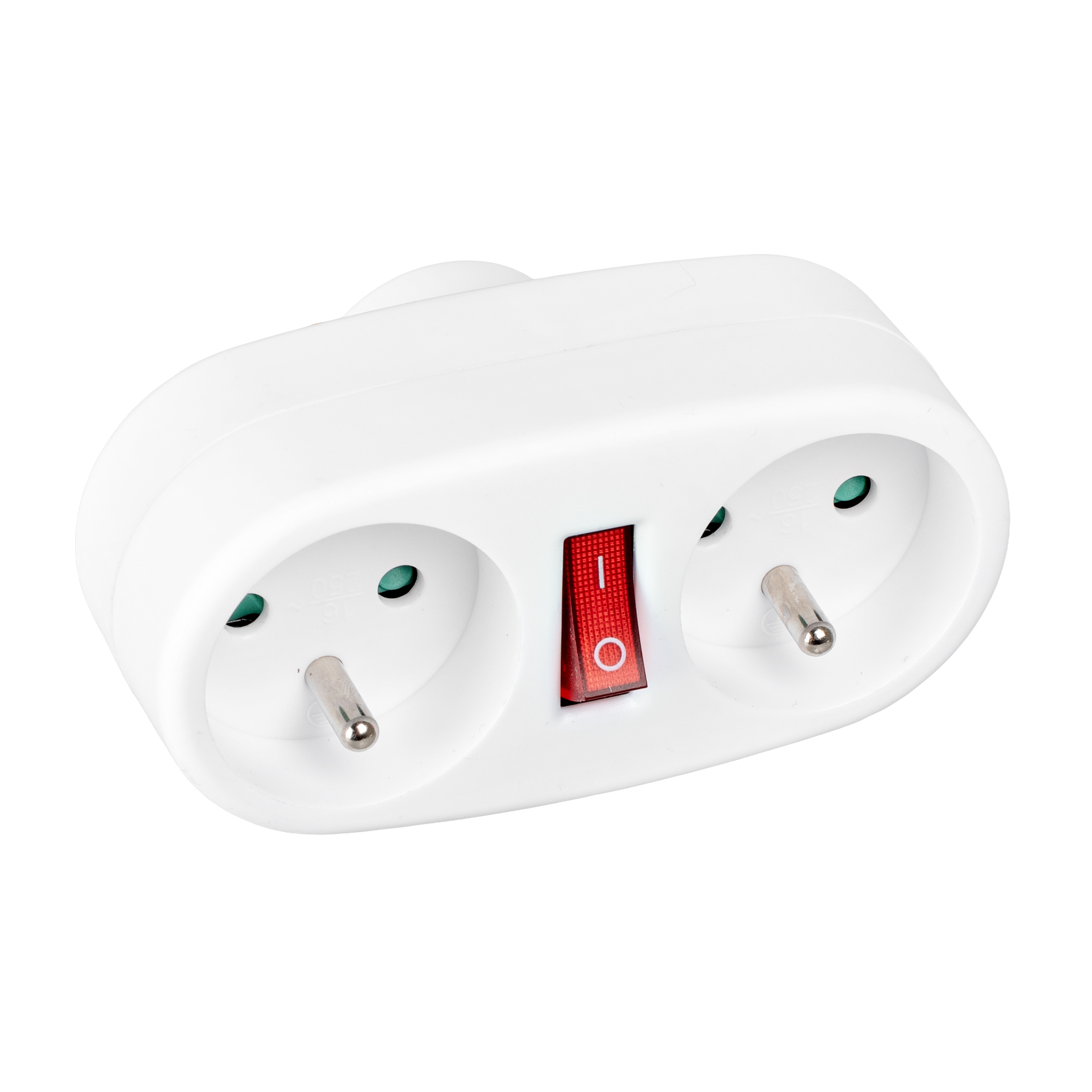 Biała listwa zasilająca z dwoma gniazdami i czerwonym podświetlanym włącznikiem/wyłącznikiem.