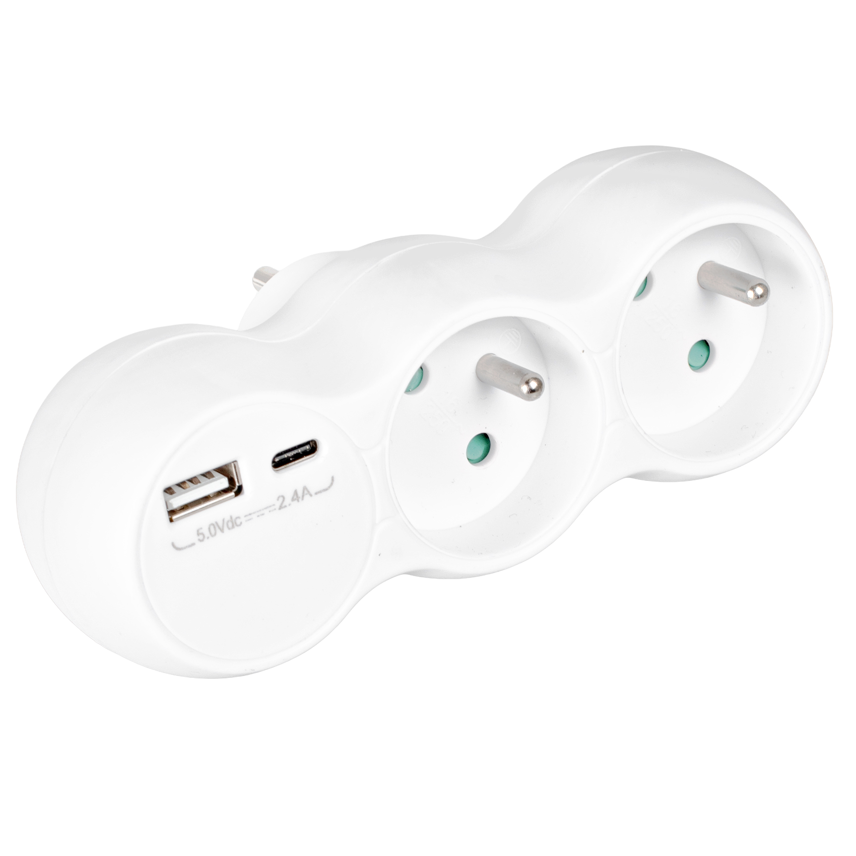 Białe gniazdo z trzema gniazdami i portem USB na białym tle.