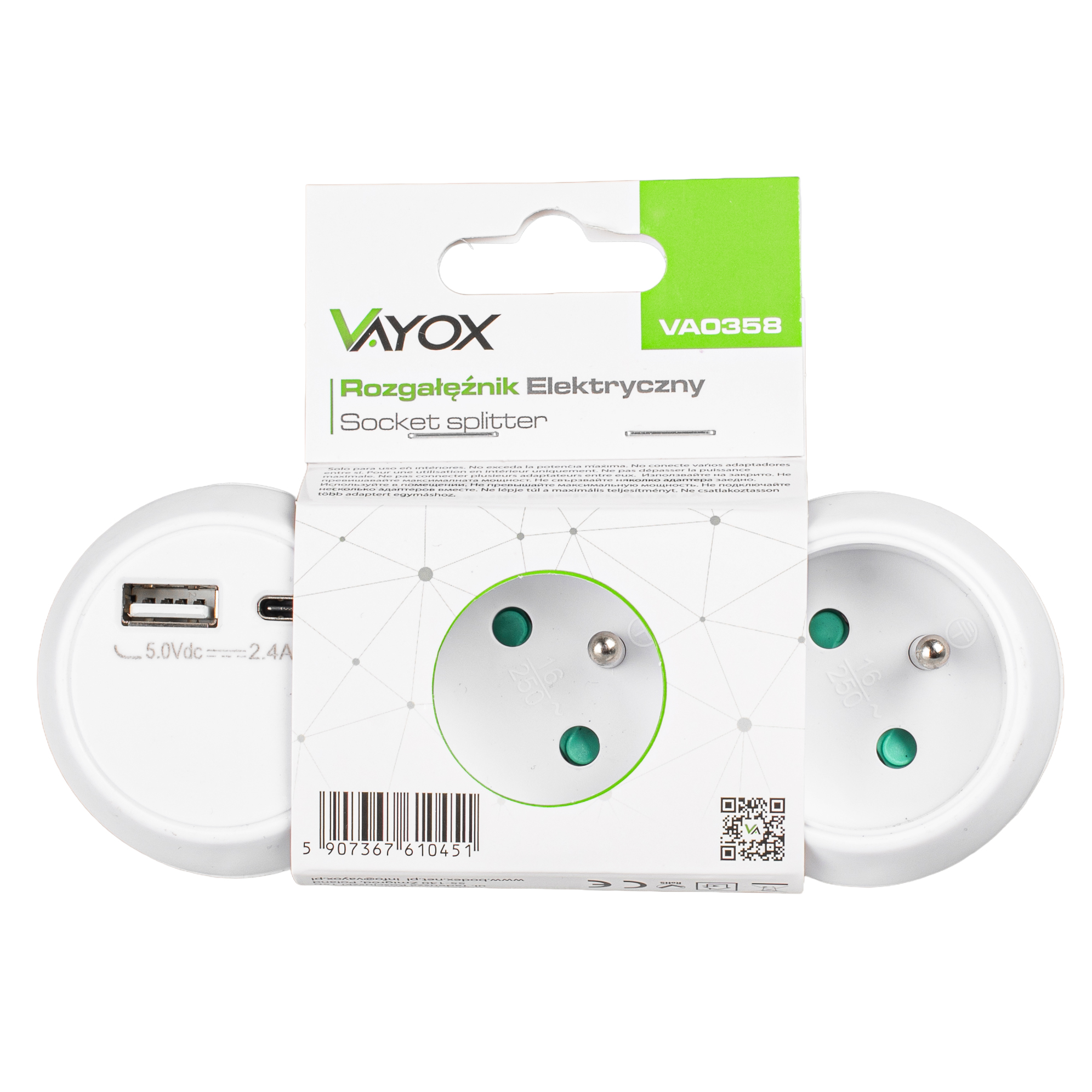 Biały rozdzielacz gniazd z opakowaniem, pokazujący gniazda i port USB.