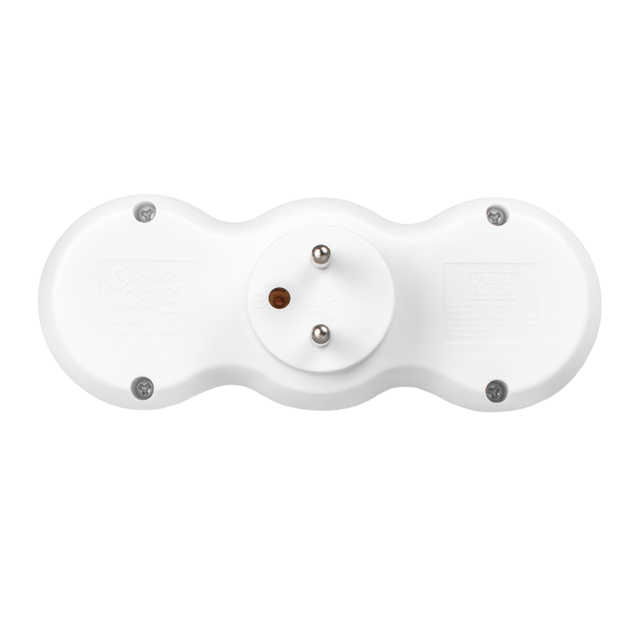 Spód białej listwy zasilającej ze śrubami i wtyczką.