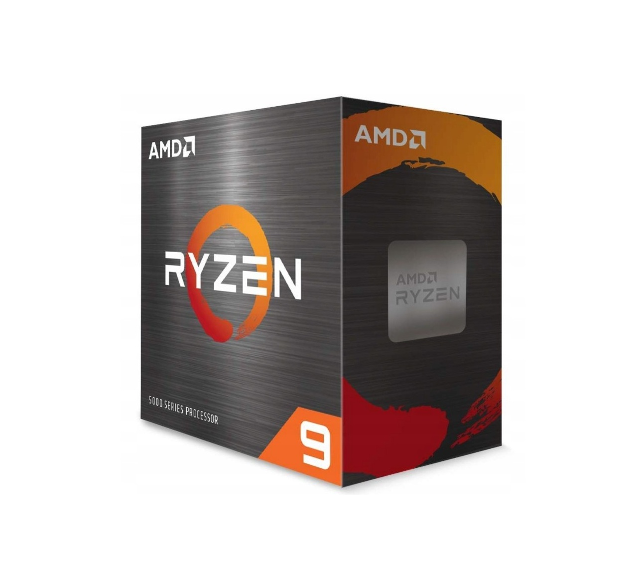 Una scatola con processore AMD Ryzen 9, colori arancione e nero, con il logo AMD.