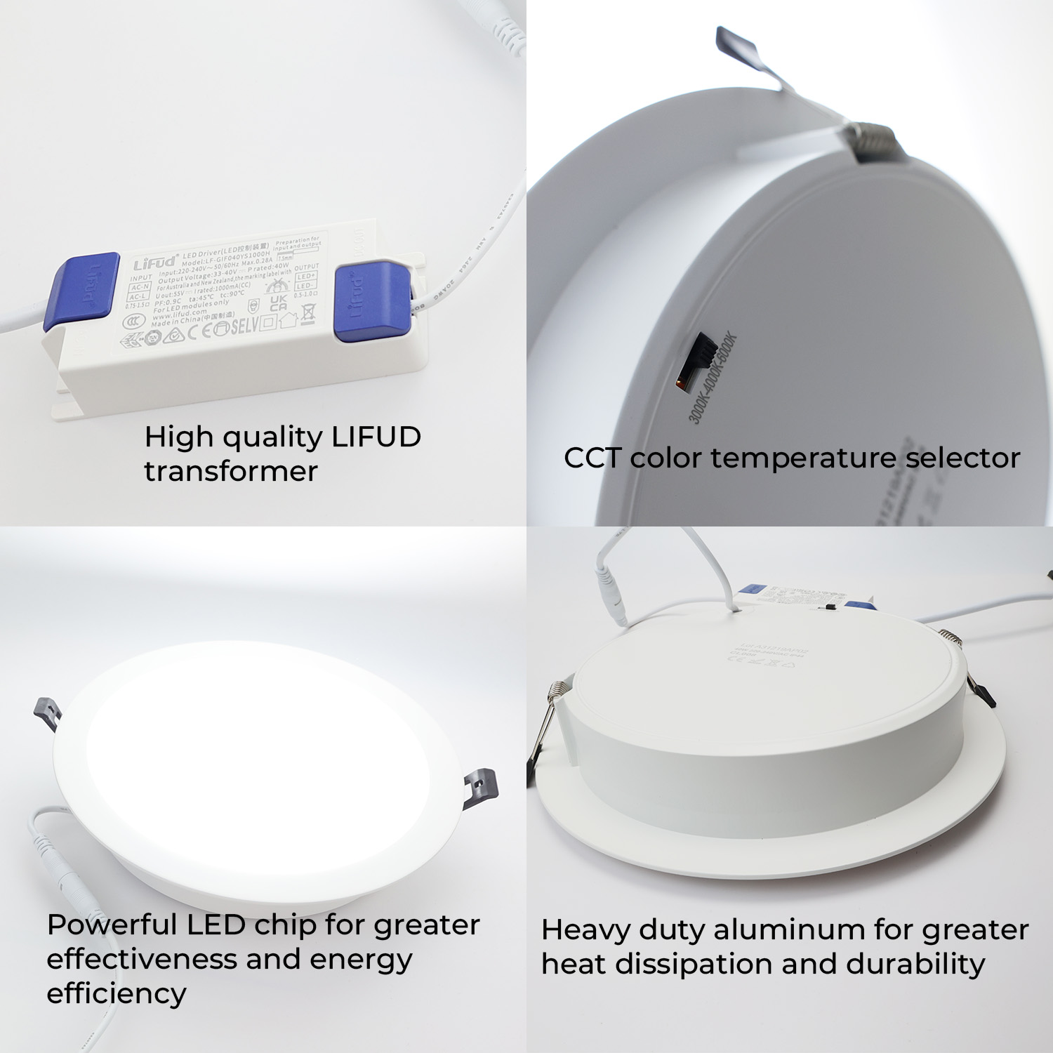 Cuatro imágenes que muestran componentes de luz LED: transformador, selector de color, chip LED y carcasa de aluminio.