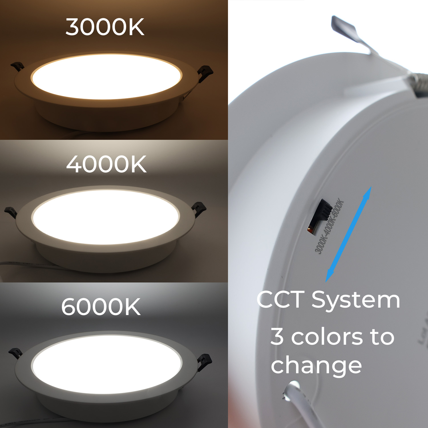 Tres paneles LED con diferentes temperaturas de color: 3000K, 4000K y 6000K. Texto incluido.