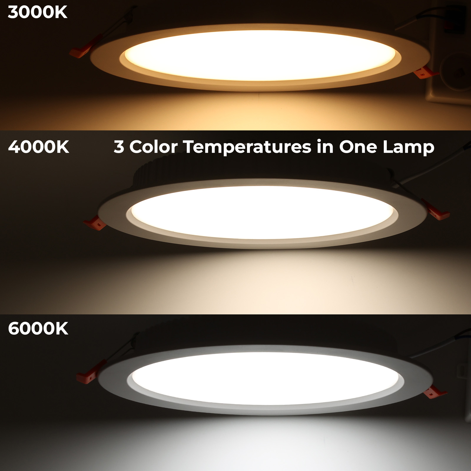 Tres luces LED blancas mostrando diferentes temperaturas de color (3000K, 4000K, 6000K). Etiquetas.
