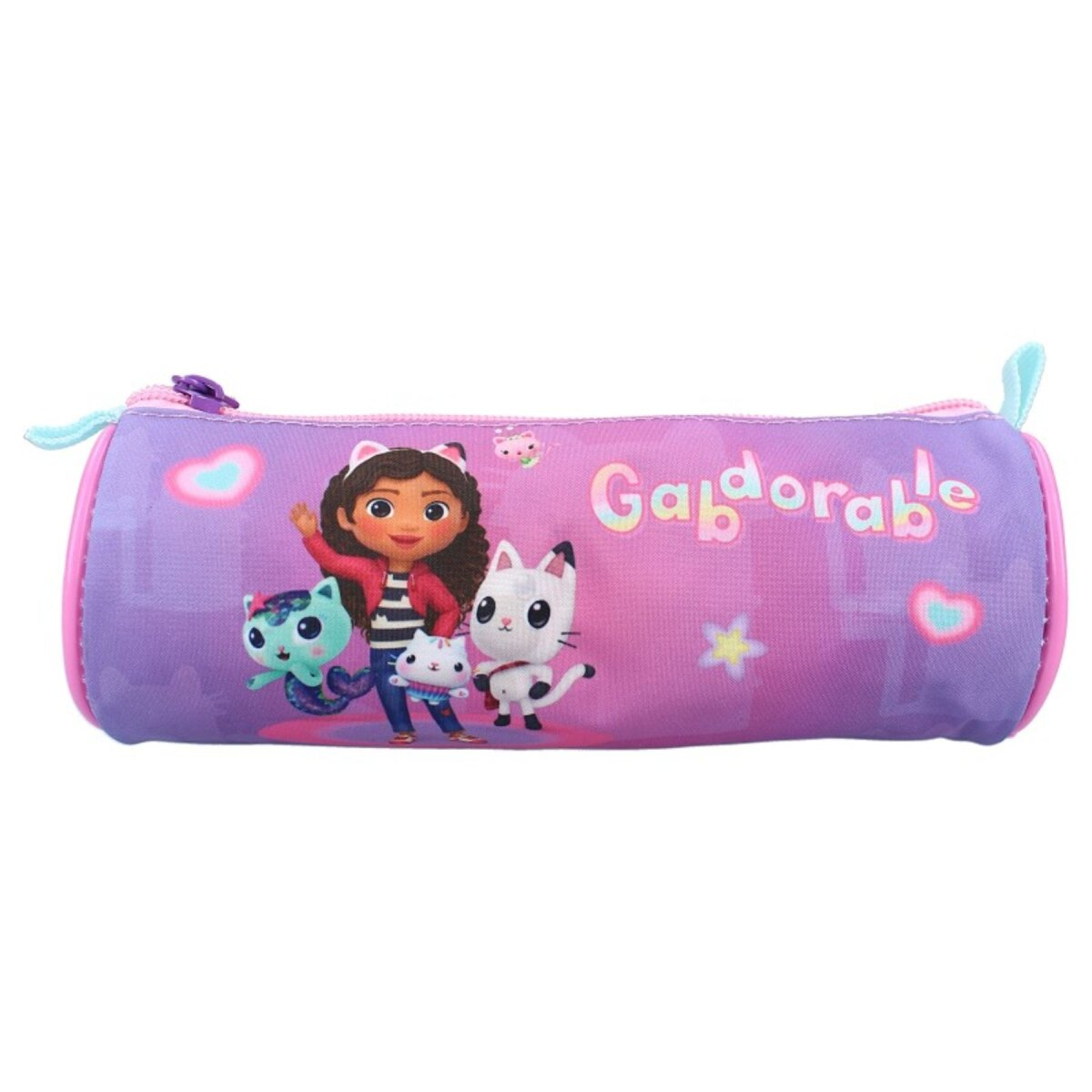 Ein Federmäppchen mit 'Gabby's Dollhouse' Figuren, mit einem Cartoon-Mädchen und Cartoon-Katzen.