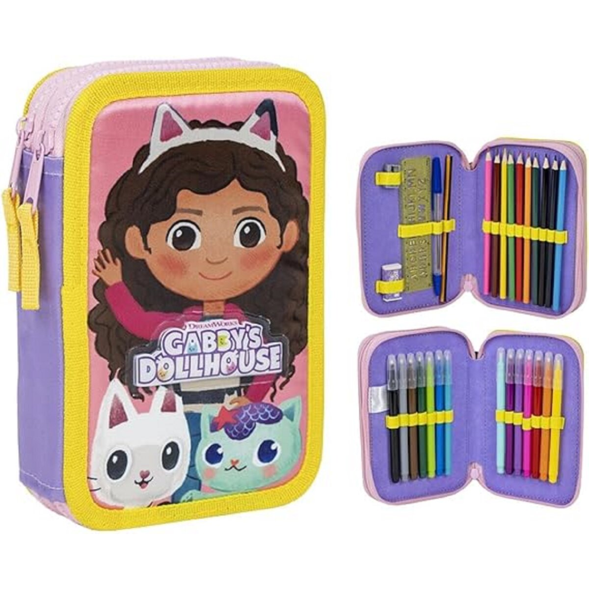 Ein Federmäppchen mit 'Gabby's Dollhouse' Figuren, einem Cartoon-Mädchen, Katzen und Schulmaterial.