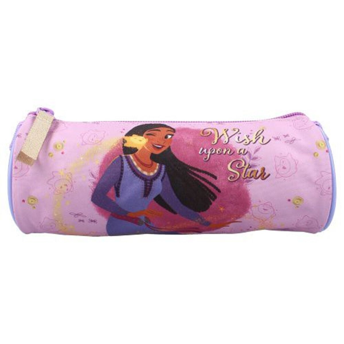 Ein rosa Federmäppchen mit einer Illustration einer Frau und dem Text 'Wish upon a Star'.