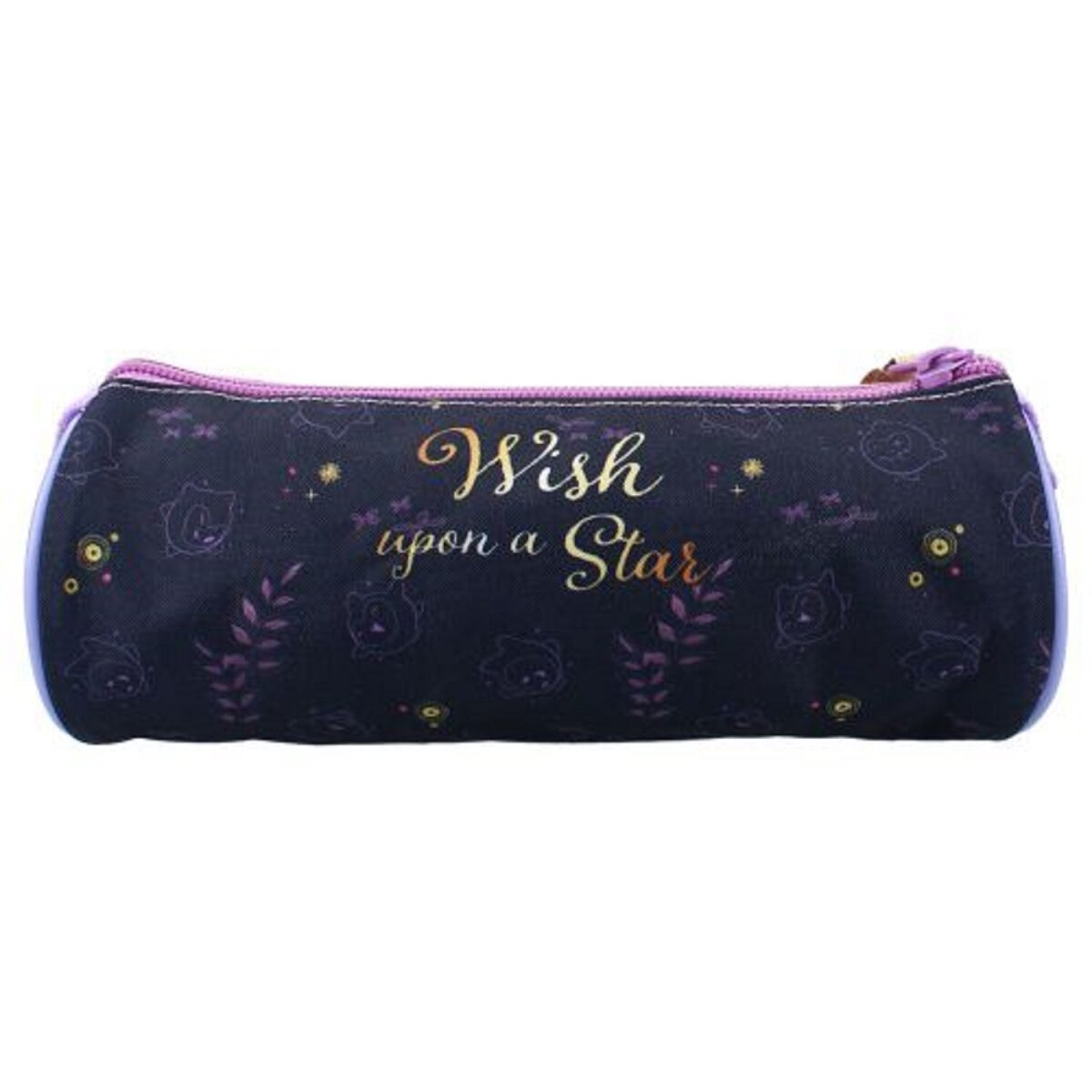 Federmäppchen, marineblau mit goldenem Text 'Wish upon a Star' und floralen Mustern.