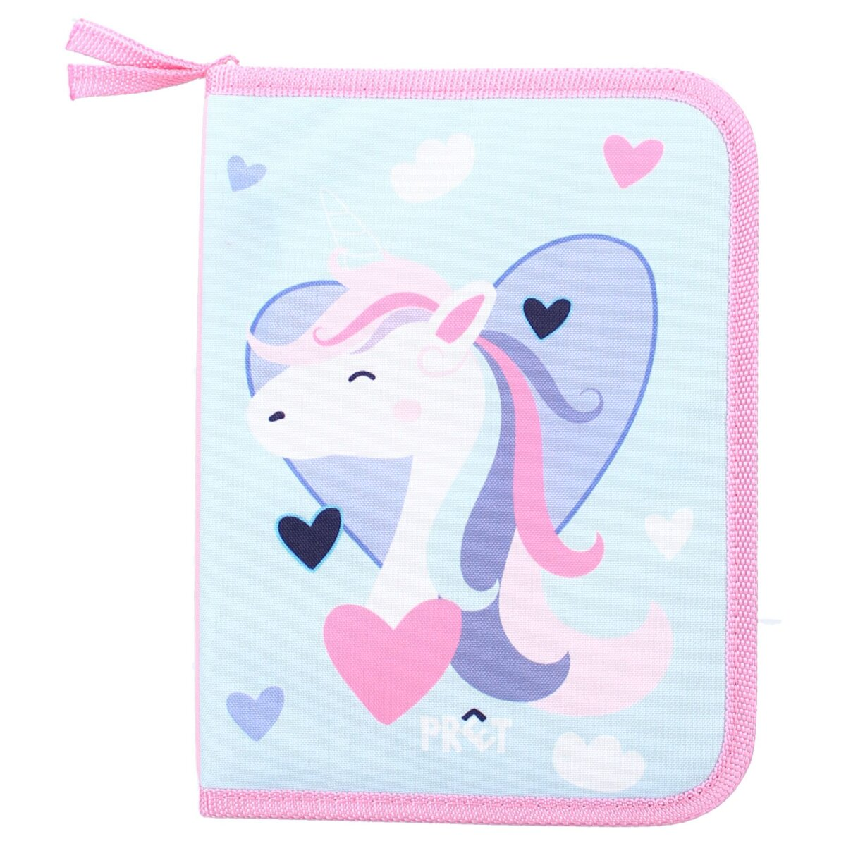 Hellblaues Federmäppchen mit Einhorn-Illustration, rosa Rand und rosa Schleife.