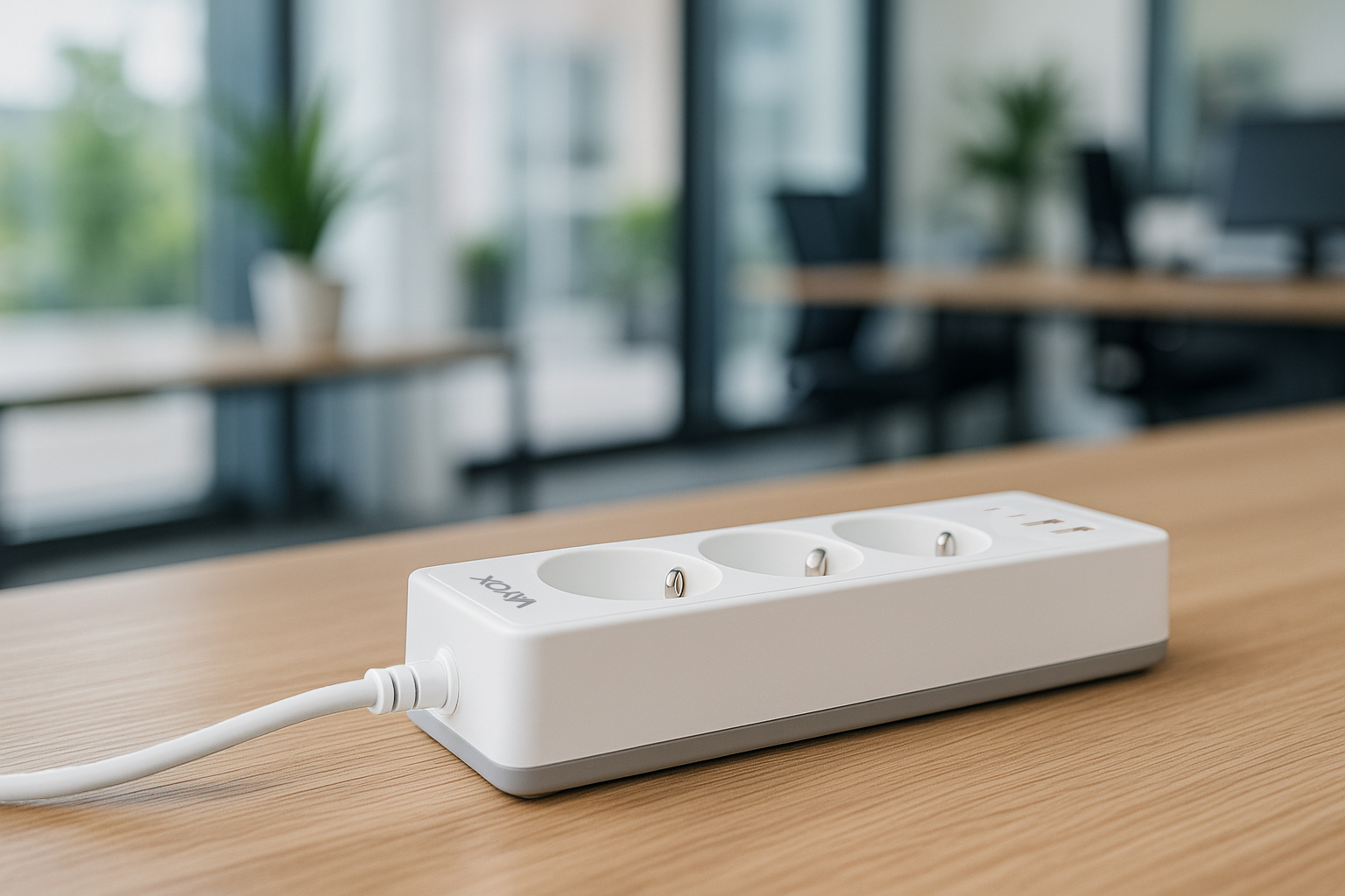 Biała listwa zasilająca z trzema gniazdami i przyciskiem zasilania na drewnianej powierzchni. Tło jest rozmyte.