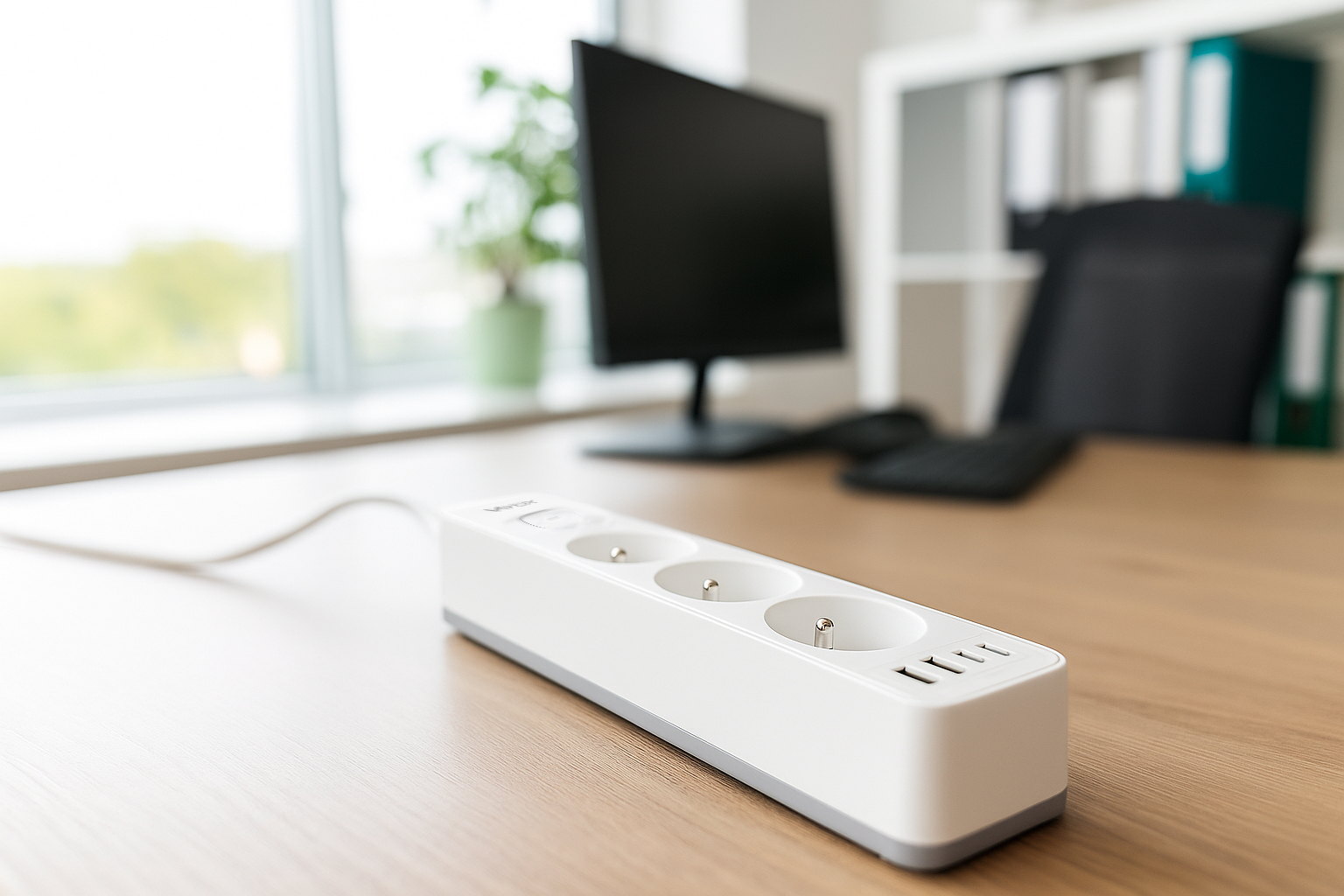 Biała listwa zasilająca na drewnianym biurku, z monitorem komputera w tle.
