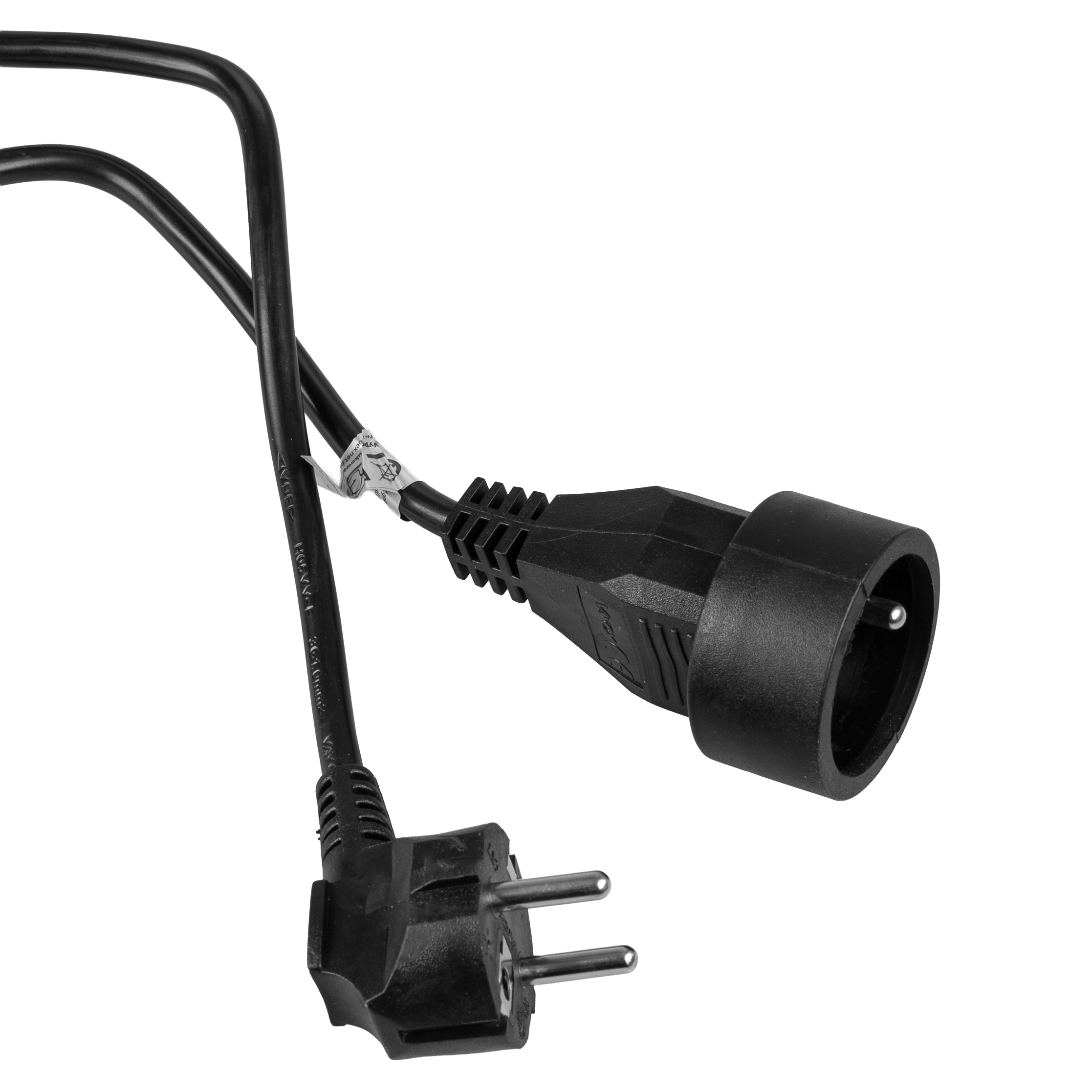 Czarny kabel zasilający z wtyczką na każdym końcu. Jeden to standardowa wtyczka, drugi to złącze C13.