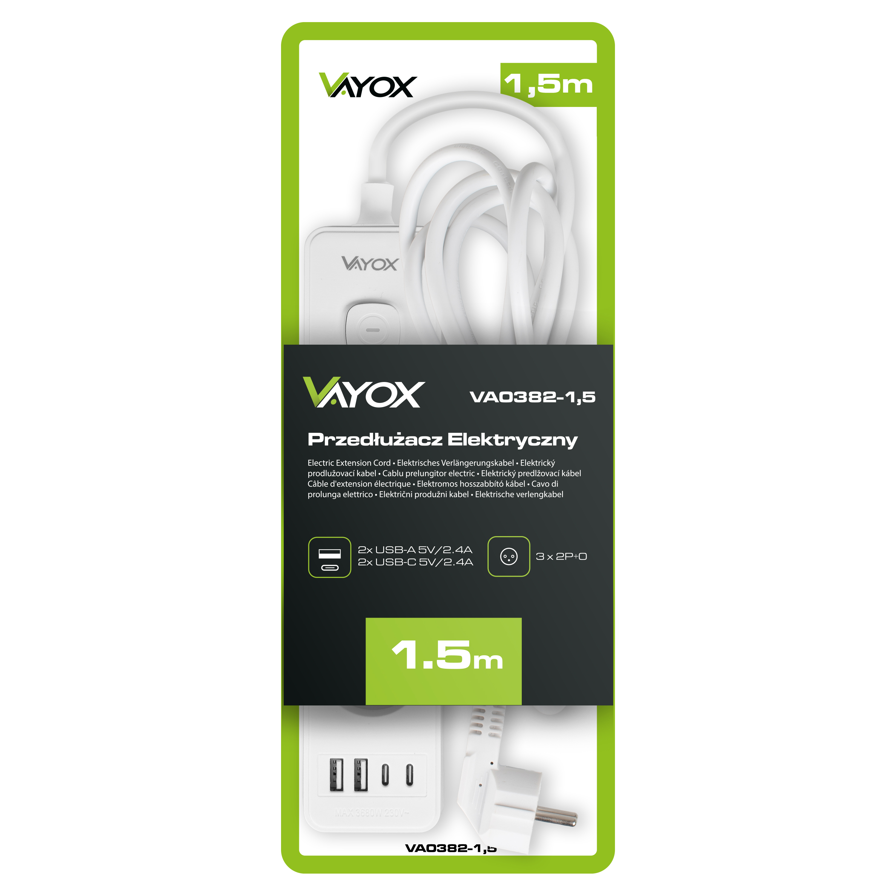 Opakowanie produktu ze szczegółami i specyfikacjami przedłużacza. Białe tło.