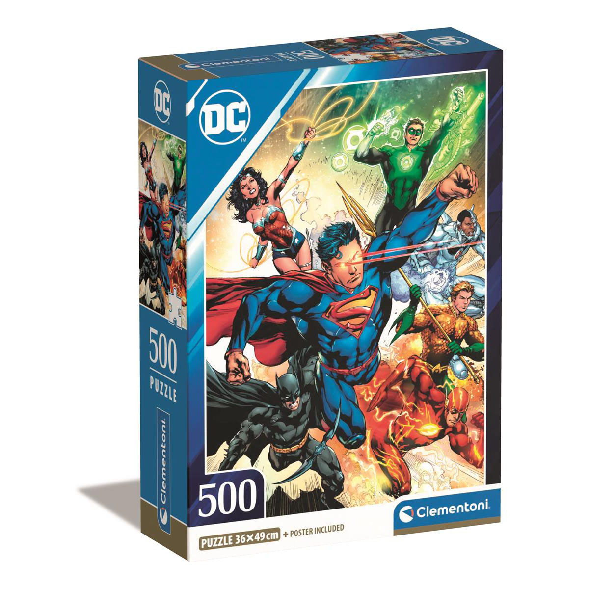 Scatola di puzzle con personaggi dei fumetti. Logo DC e scritta '500 PUZZLE'.