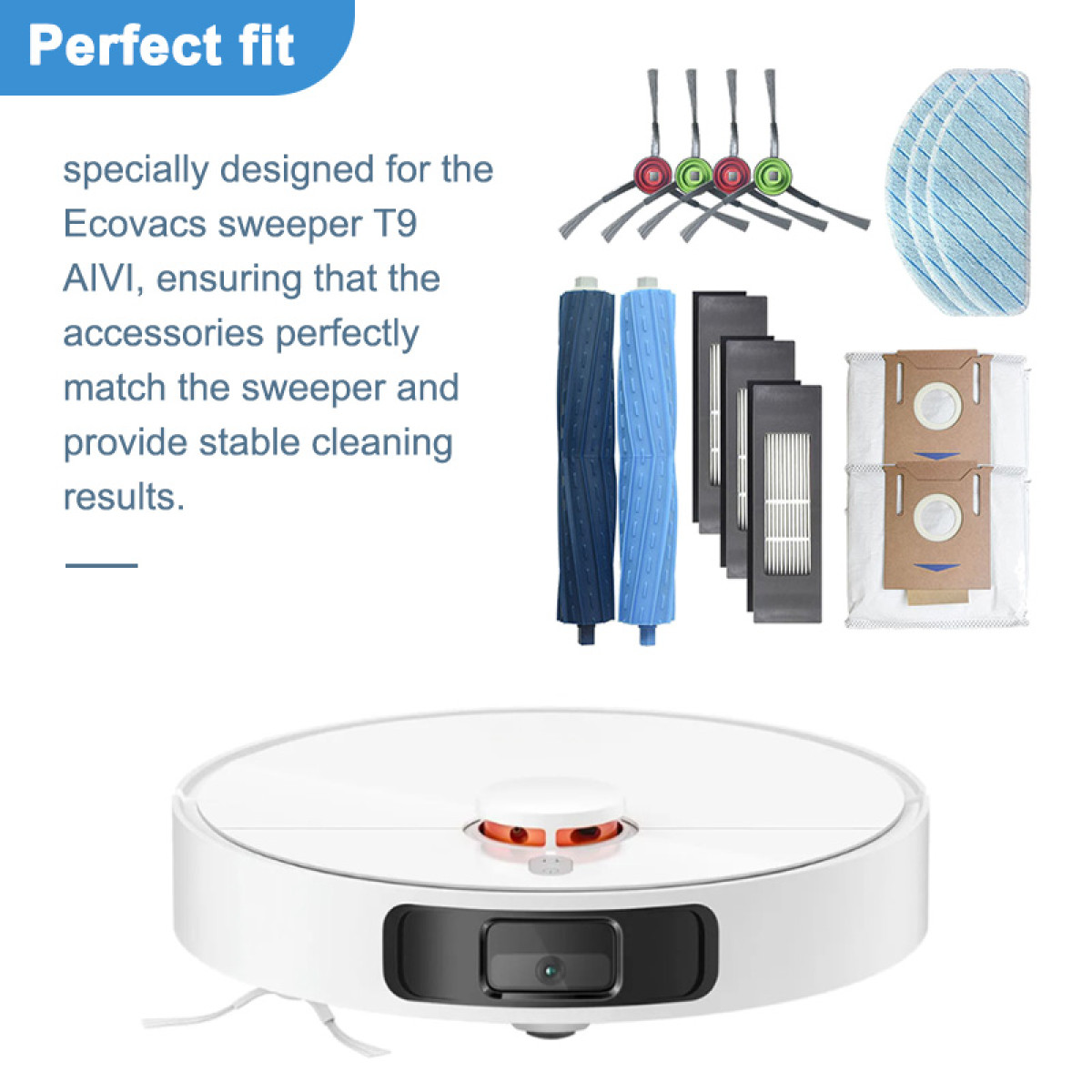 Biały robot sprzątający i akcesoria. Tekst: 'Perfect fit' i 'Ecovacs'.