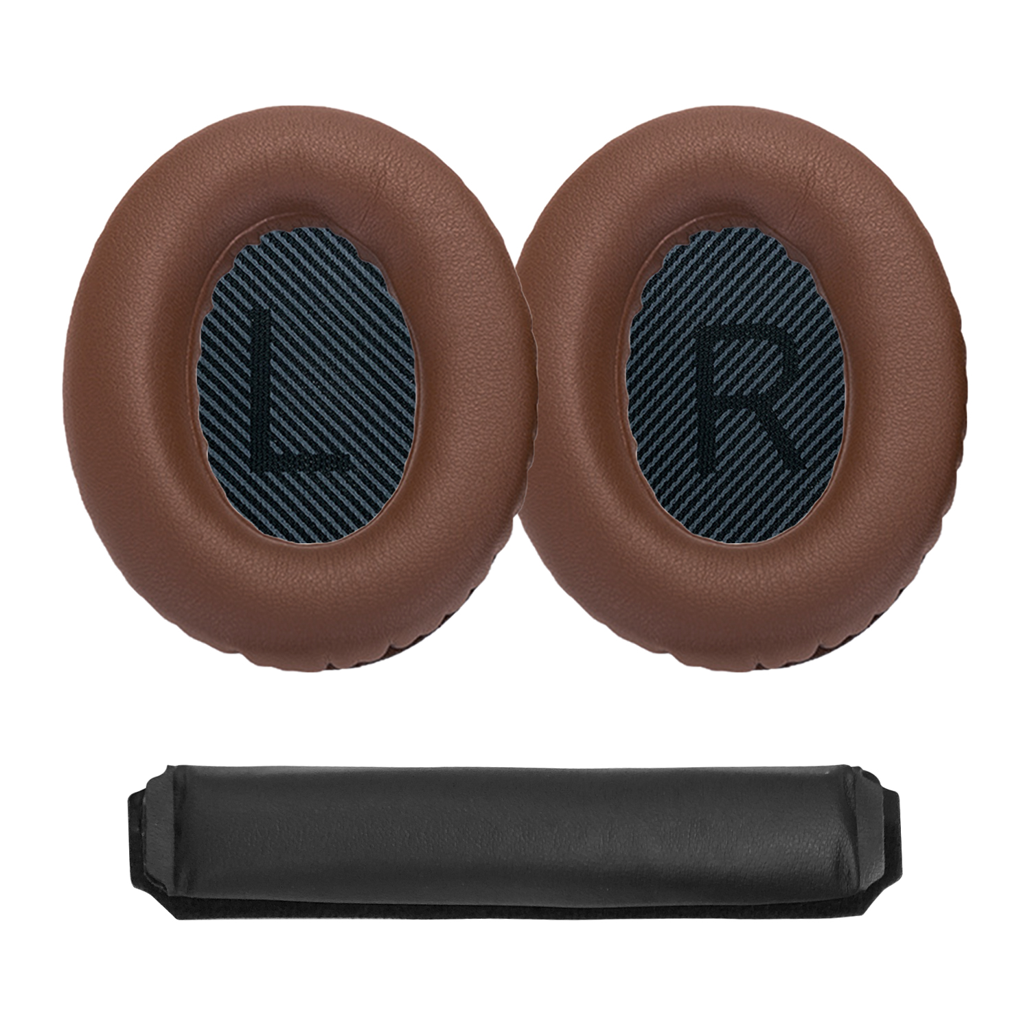 Dwie brązowe nausznice, każda z ciemnoniebieskim wnętrzem. Poniżej czarna podkładka.