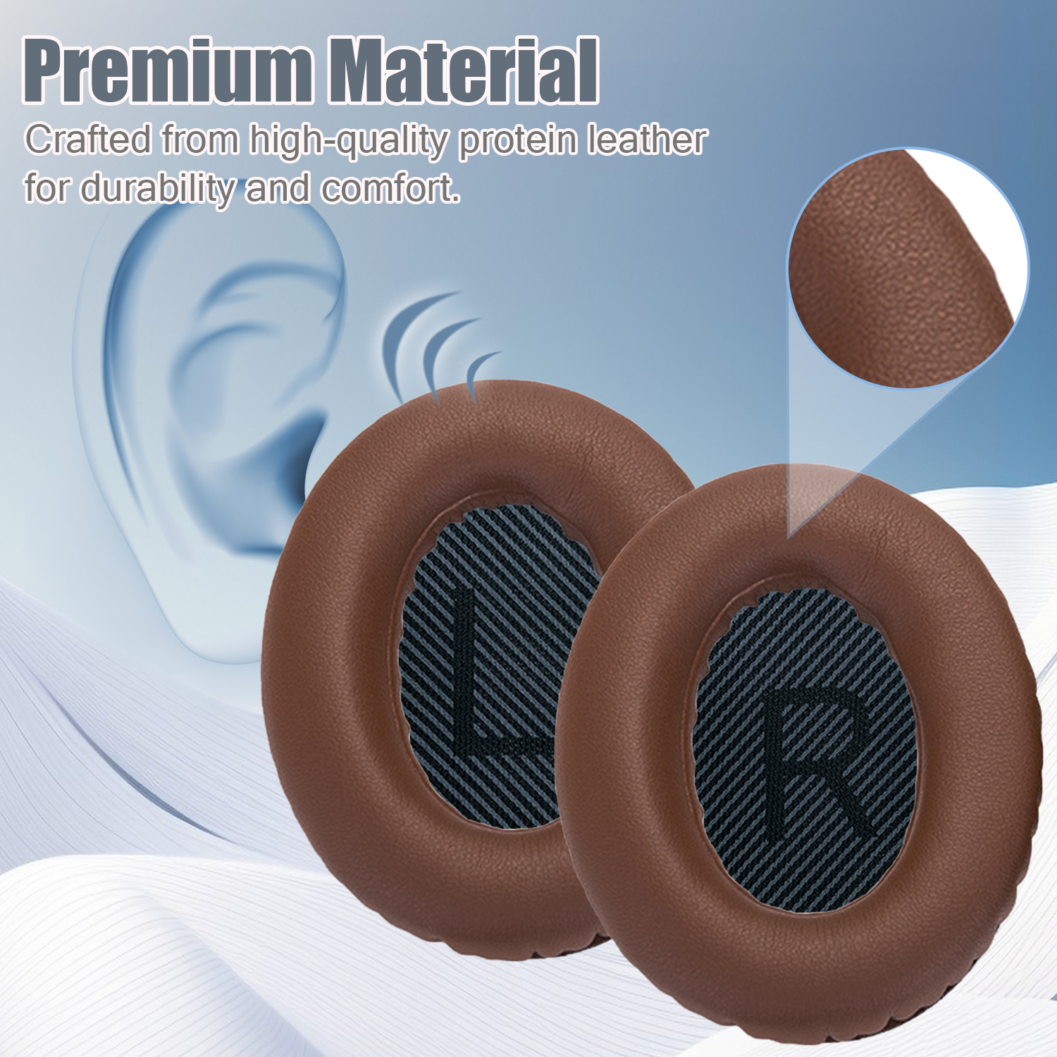 Dwie brązowe nausznice z niebieskim materiałowym wnętrzem, z nakładką tekstową.