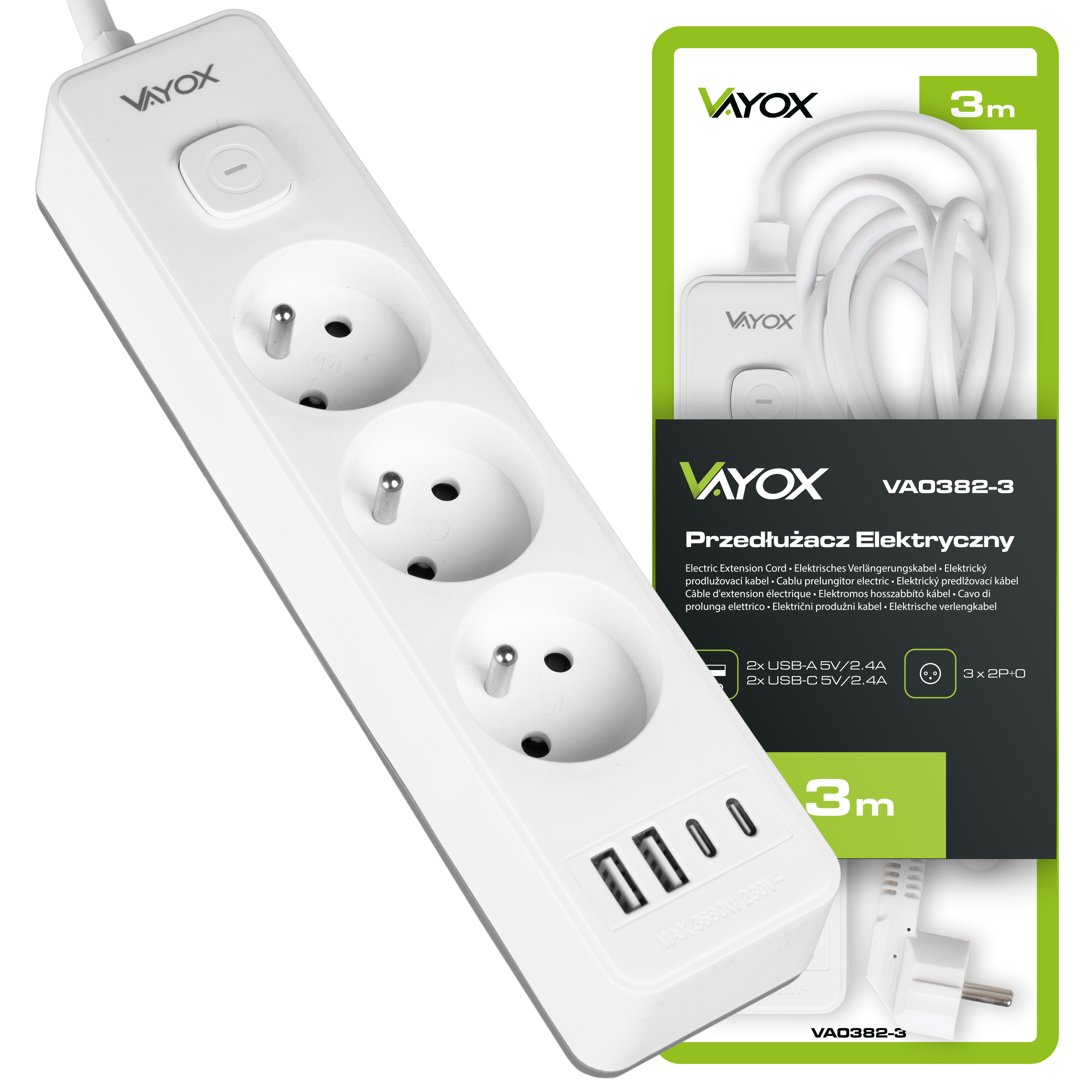 Biała listwa zasilająca z trzema gniazdami, trzema portami USB i szczegółami opakowania.