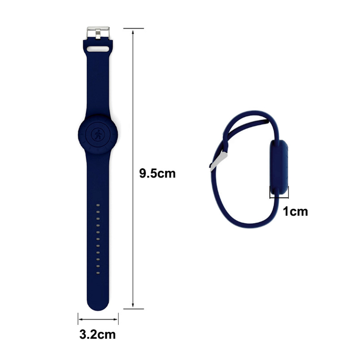 Ciemnoniebieska opaska fitness z klamrą, z wymiarami w tle.