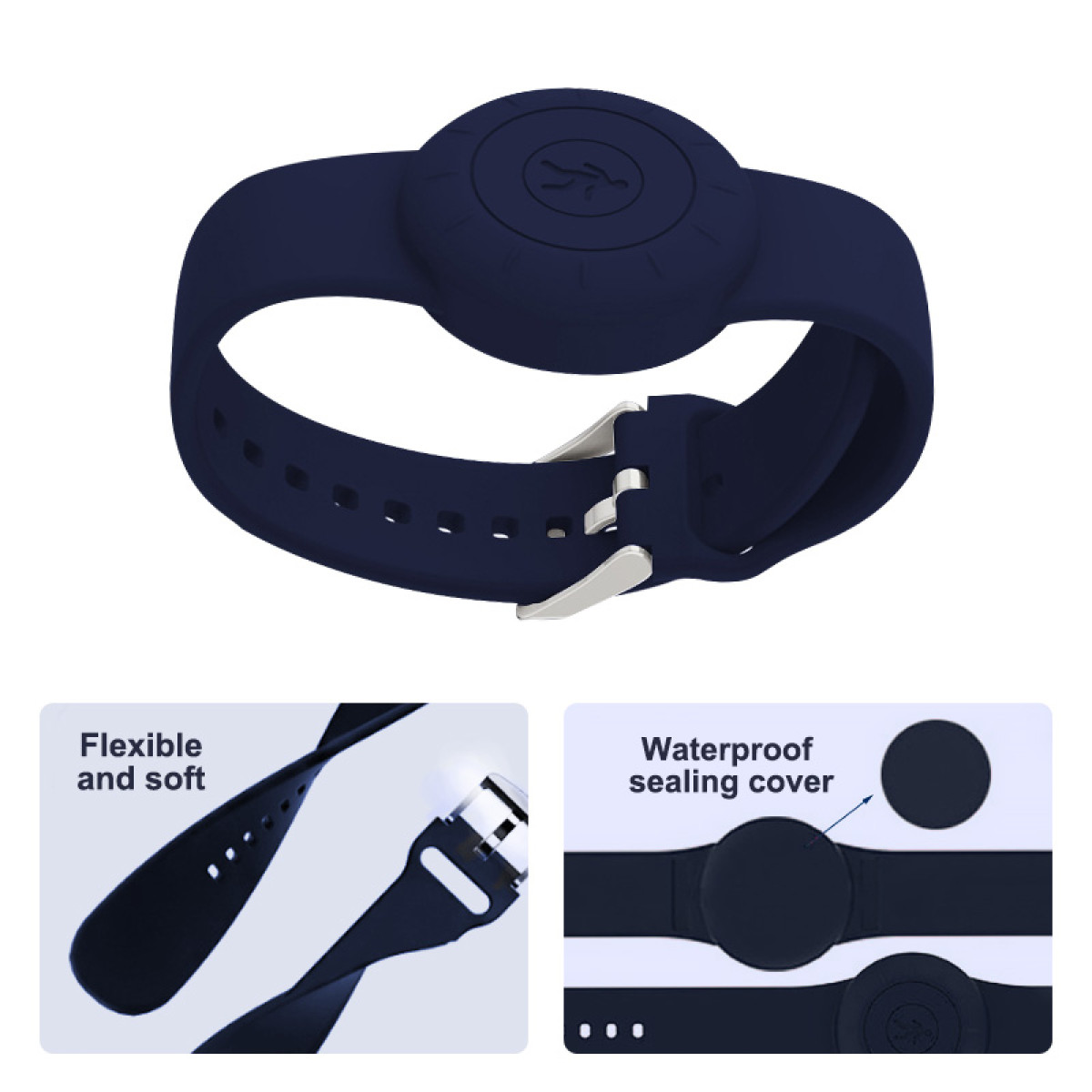 Ciemnoniebieska opaska fitness, ze zbliżeniami klamry i paska.