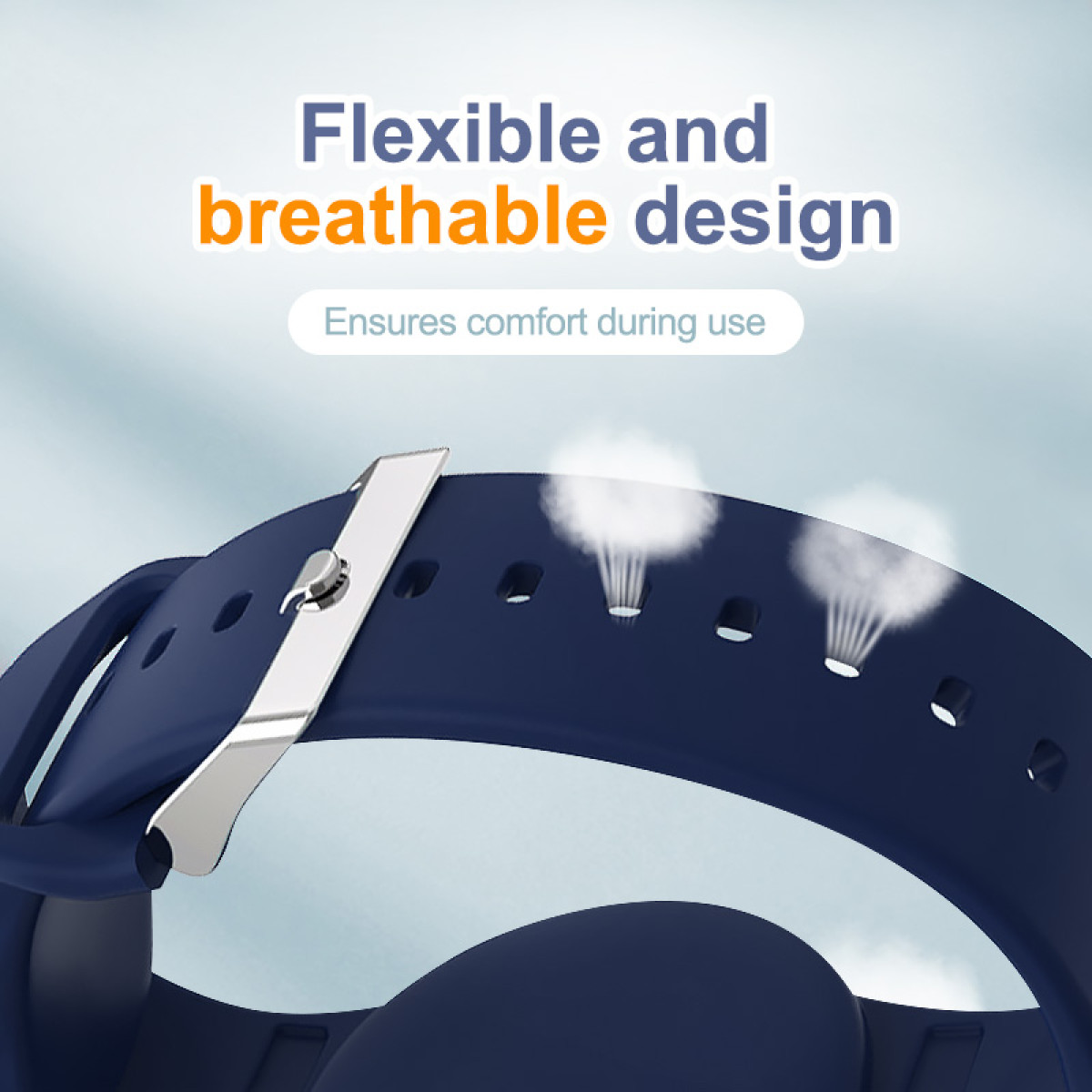 Zbliżenie niebieskiego paska do smartwatcha ze srebrną klamrą. Tekst: 'Elastyczna i oddychająca konstrukcja'.