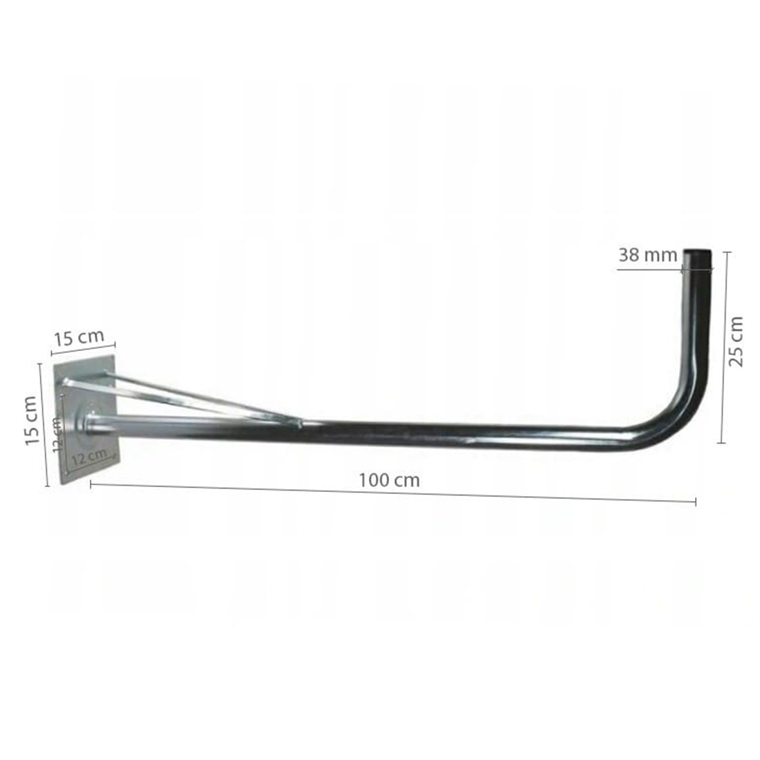 Metalowy wspornik ścienny z wymiarami. Posiada poziomy pręt i pionowy zakrzywiony odcinek.