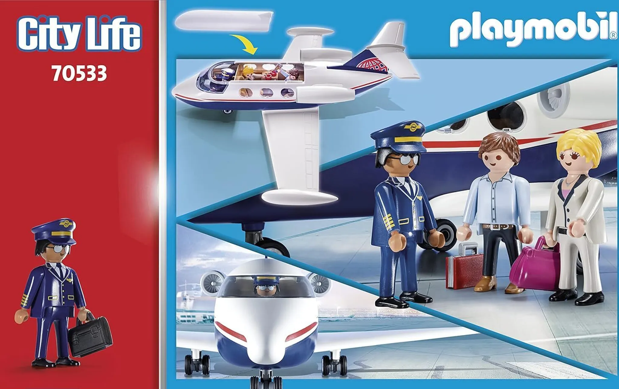 Set Playmobil di un aereo, un pilota e passeggeri su sfondo bianco.