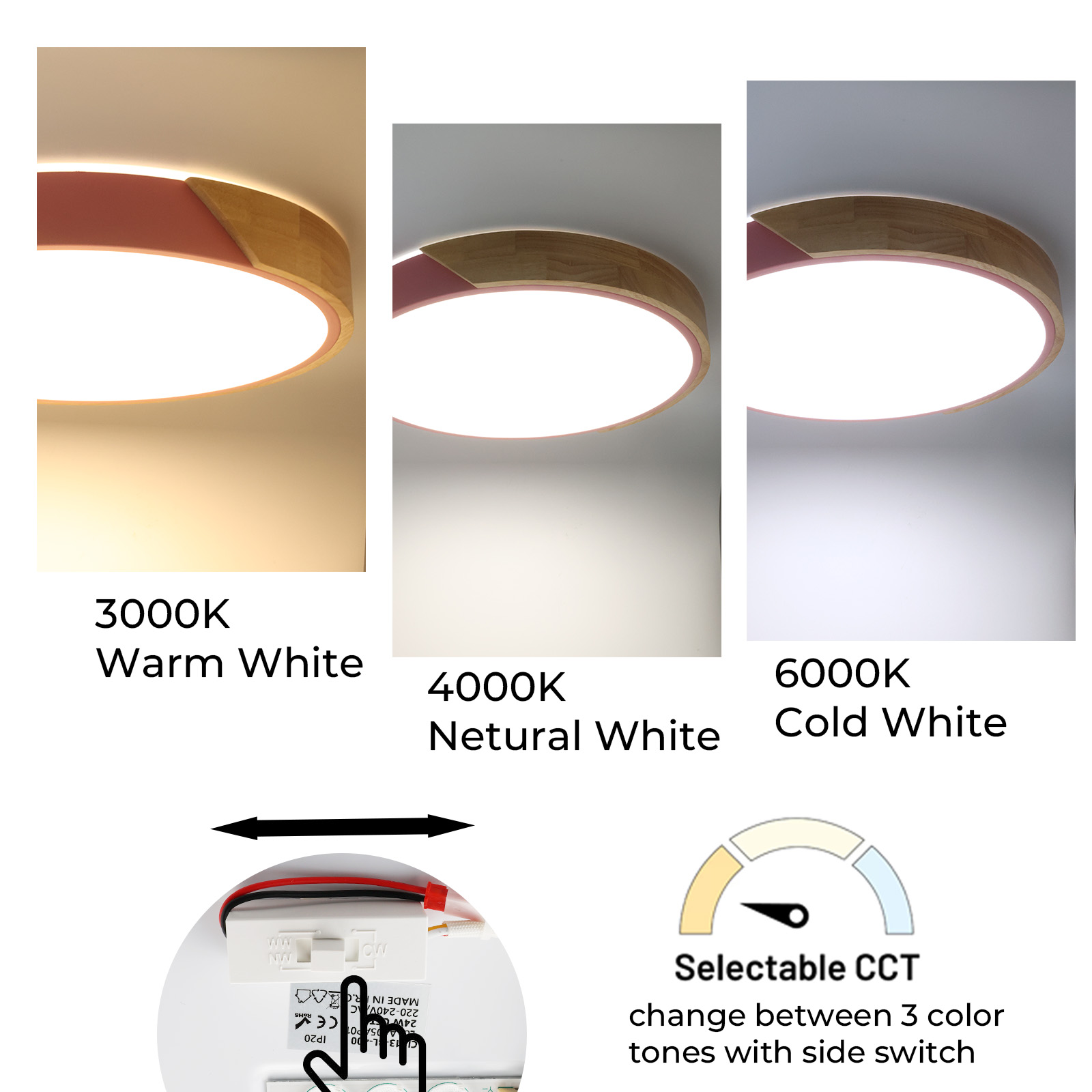 Múltiples imágenes que muestran una luz de techo con temperaturas de color ajustables, con un interruptor y componentes internos.
