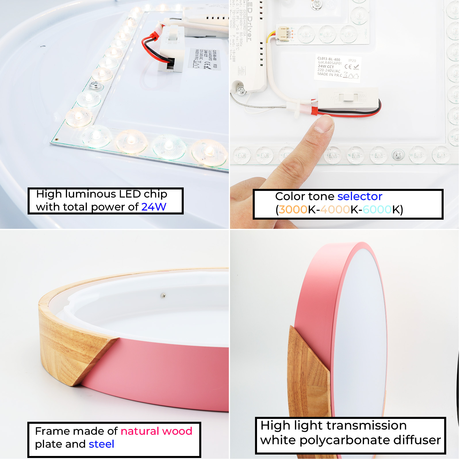 Imágenes de primer plano de una luz de techo, que muestran el chip LED, el selector de tono de color, el marco y el difusor.