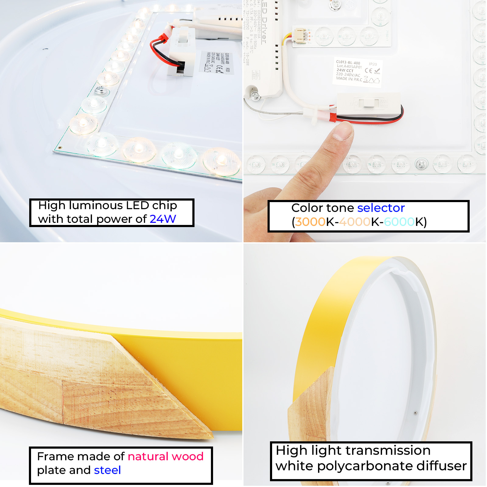 Imágenes de primer plano de una luz de techo, que muestran el chip LED, el selector de tono de color, el marco y el difusor.