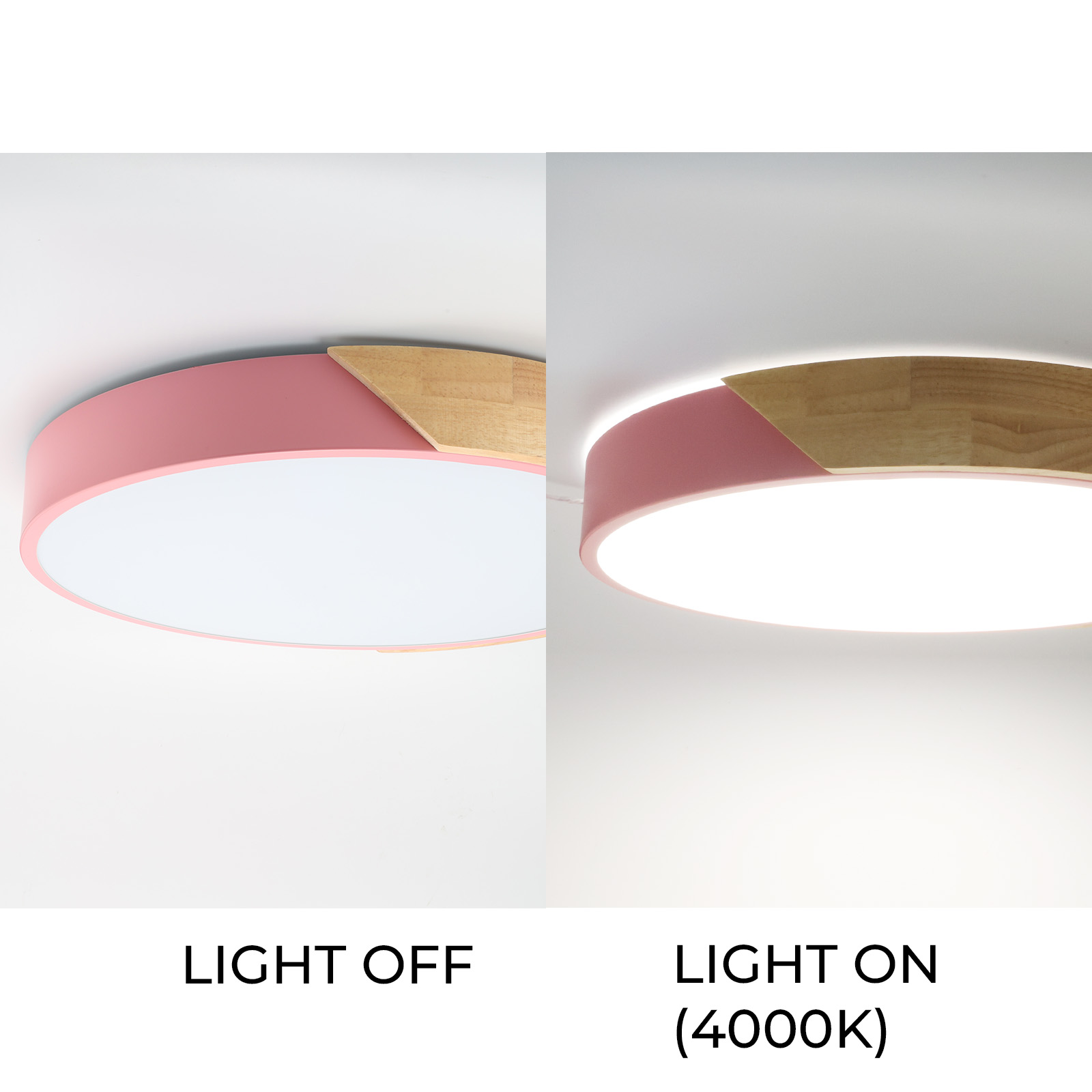 Una luz de techo redonda con borde rosa y madera, luz apagada a la izquierda, luz encendida a la derecha.