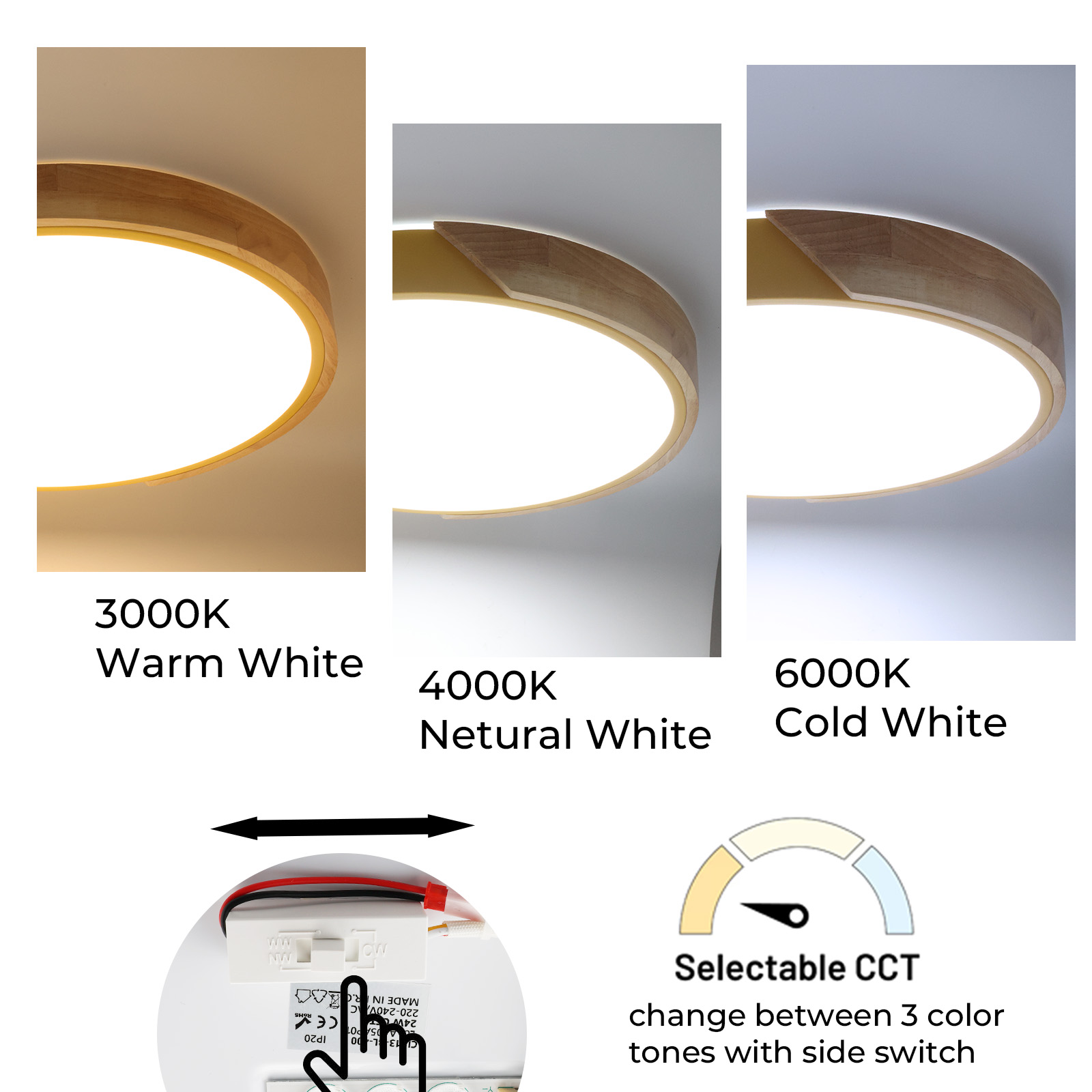 Imágenes de luz de techo con molduras de madera y temperaturas de color blanco cálido, natural y frío.