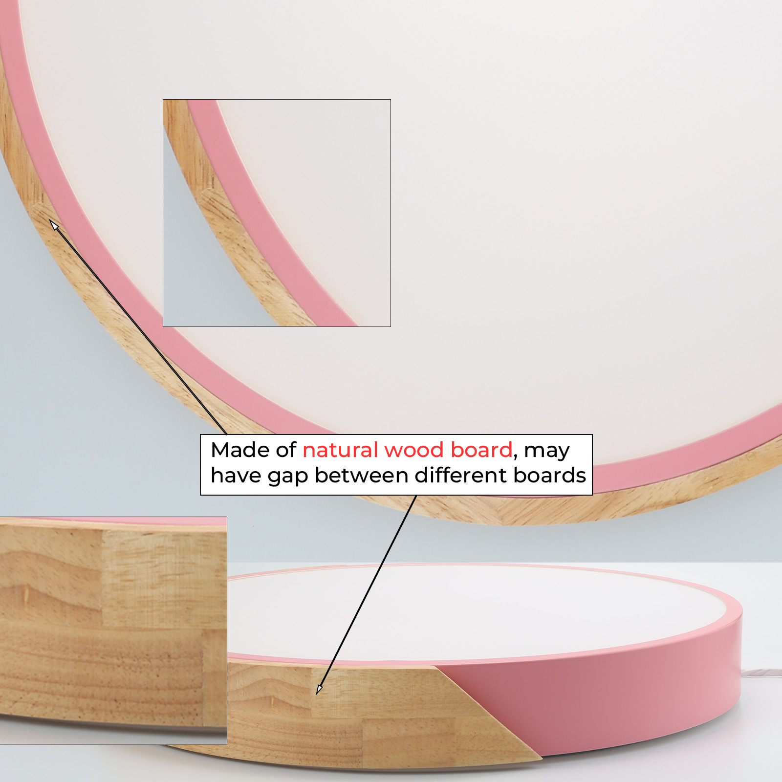 Primer plano de una luz de techo que muestra un anillo rosa y molduras de madera. También se muestran detalles de la madera.