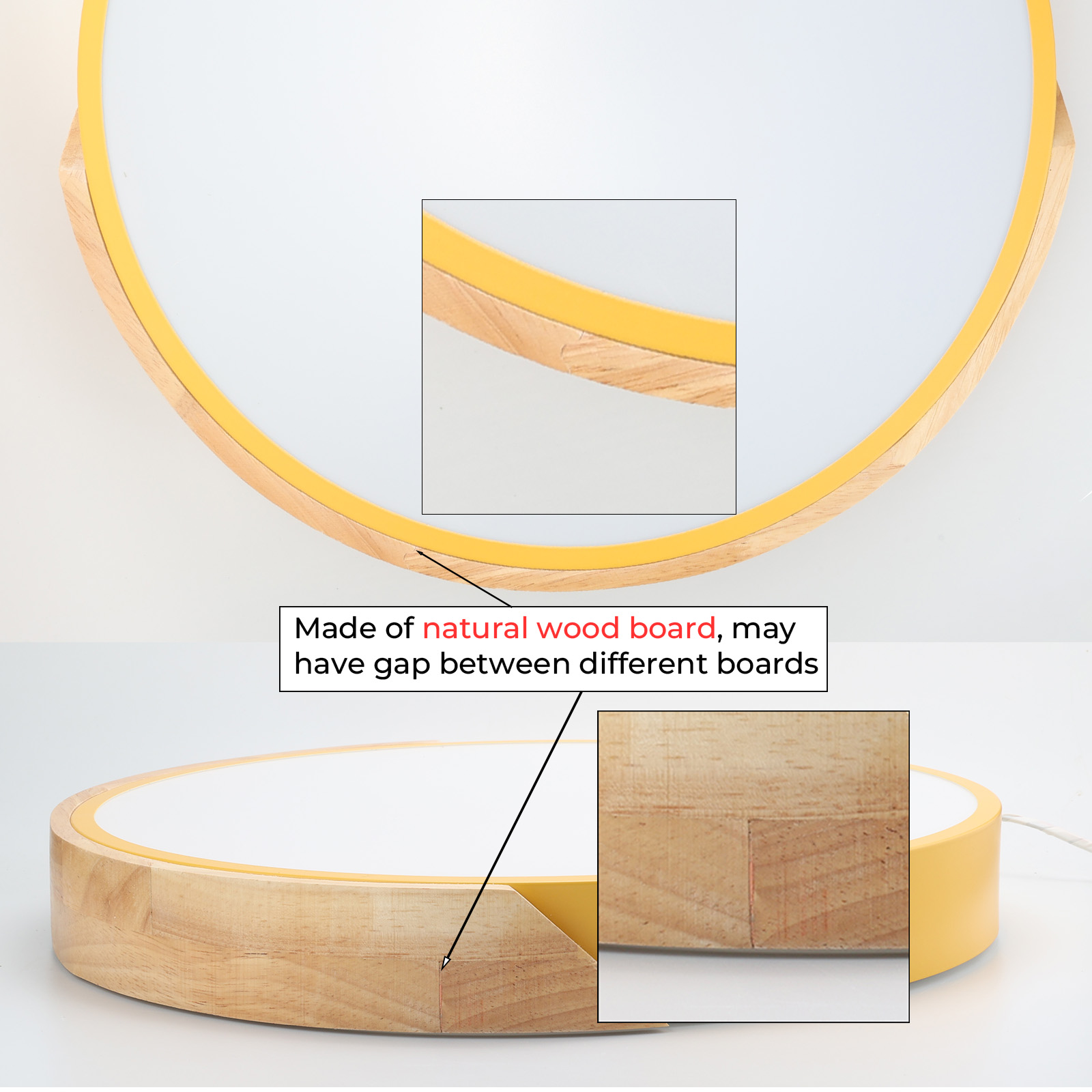 Primer plano de una luz de techo con un anillo amarillo y molduras de madera. Se muestran detalles de la madera.