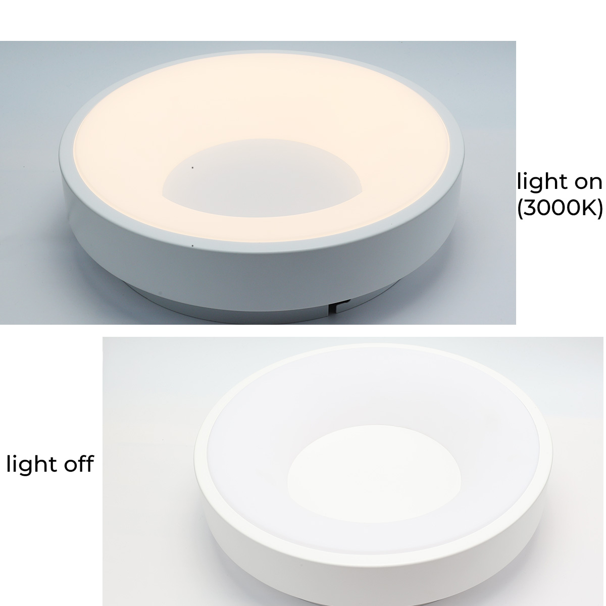 Una luz de techo blanca, iluminada. Abajo, otra luz, apagada. Ambas sobre un fondo blanco.
