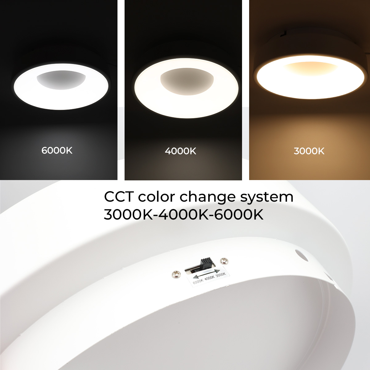 Imágenes muestran una luz de techo con tres temperaturas de color y un interruptor para cambiarlas.