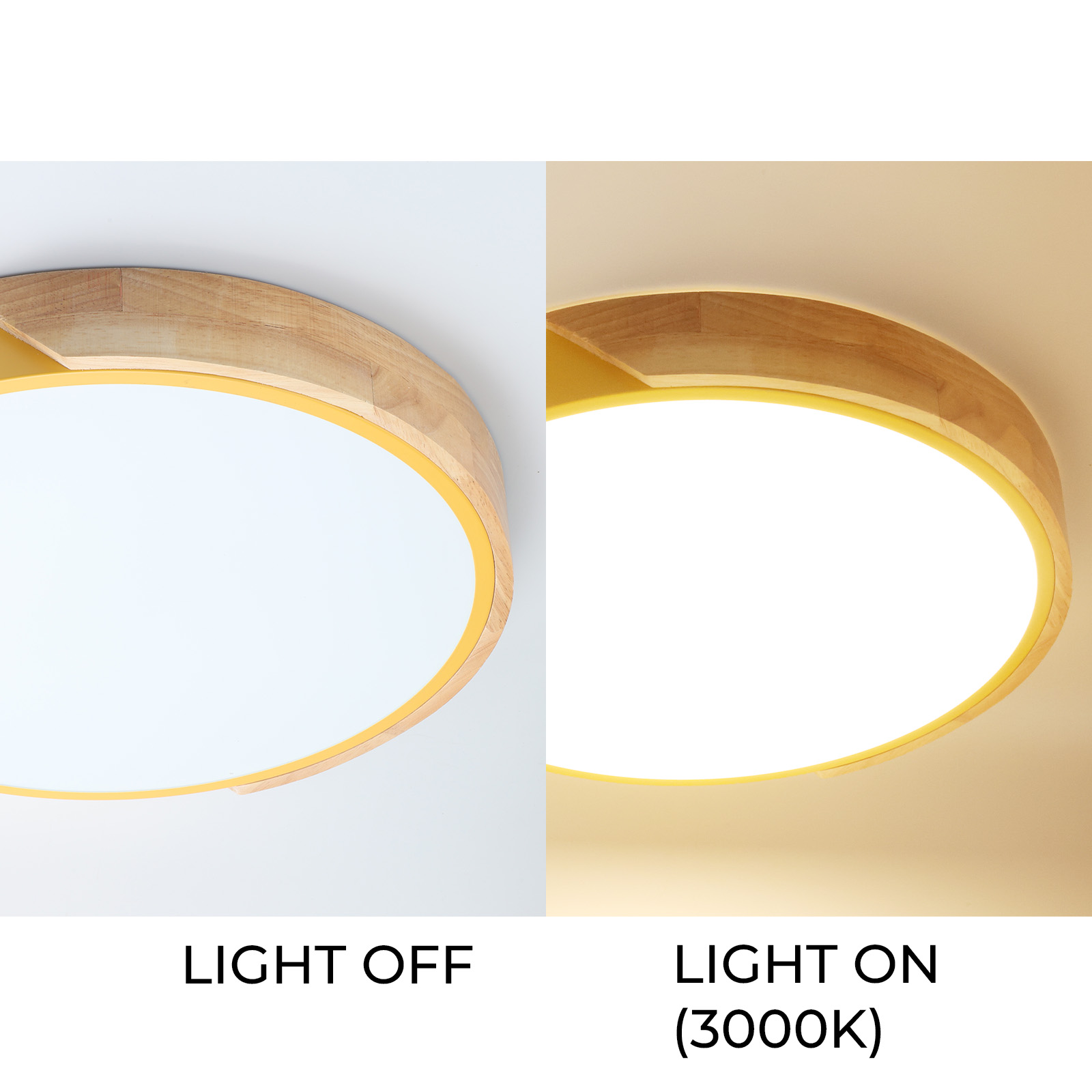 Una lámpara de techo con marco de madera, apagada y encendida, iluminando blanco.