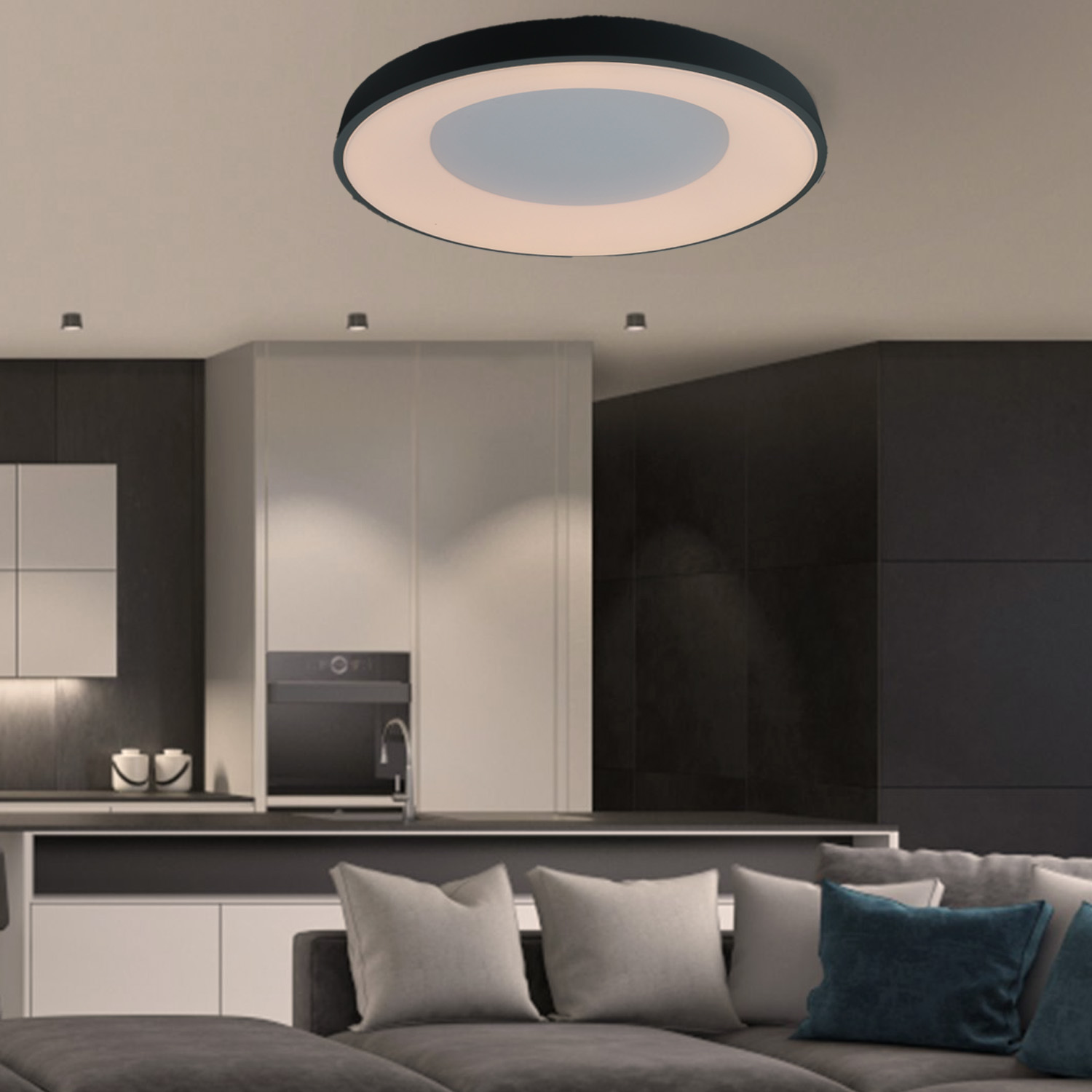 Una luz de techo negra, redonda e iluminada está instalada. El fondo presenta un interior de cocina moderno.