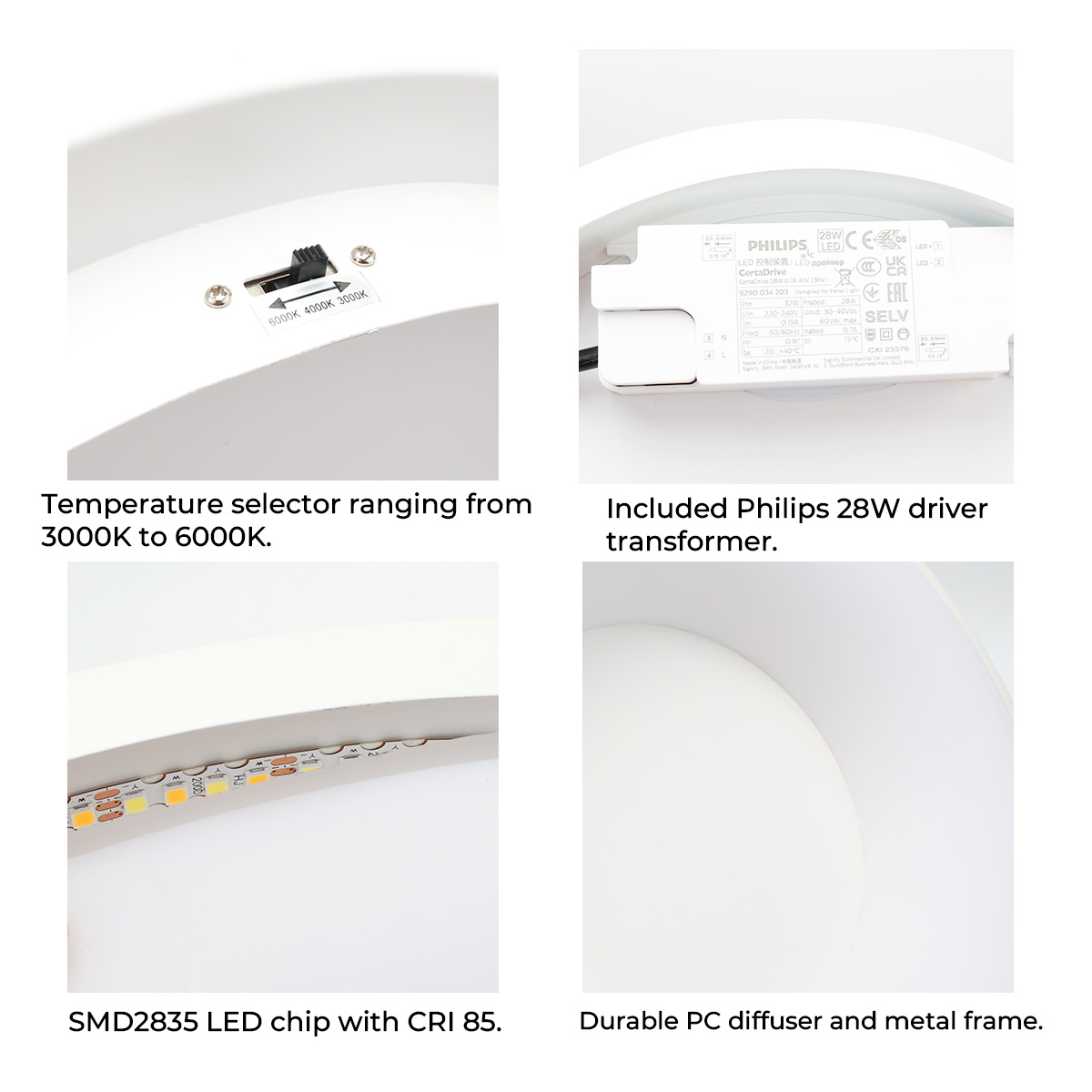 Primeros planos de una lámpara de techo: LEDs, un transformador y un interruptor selector.