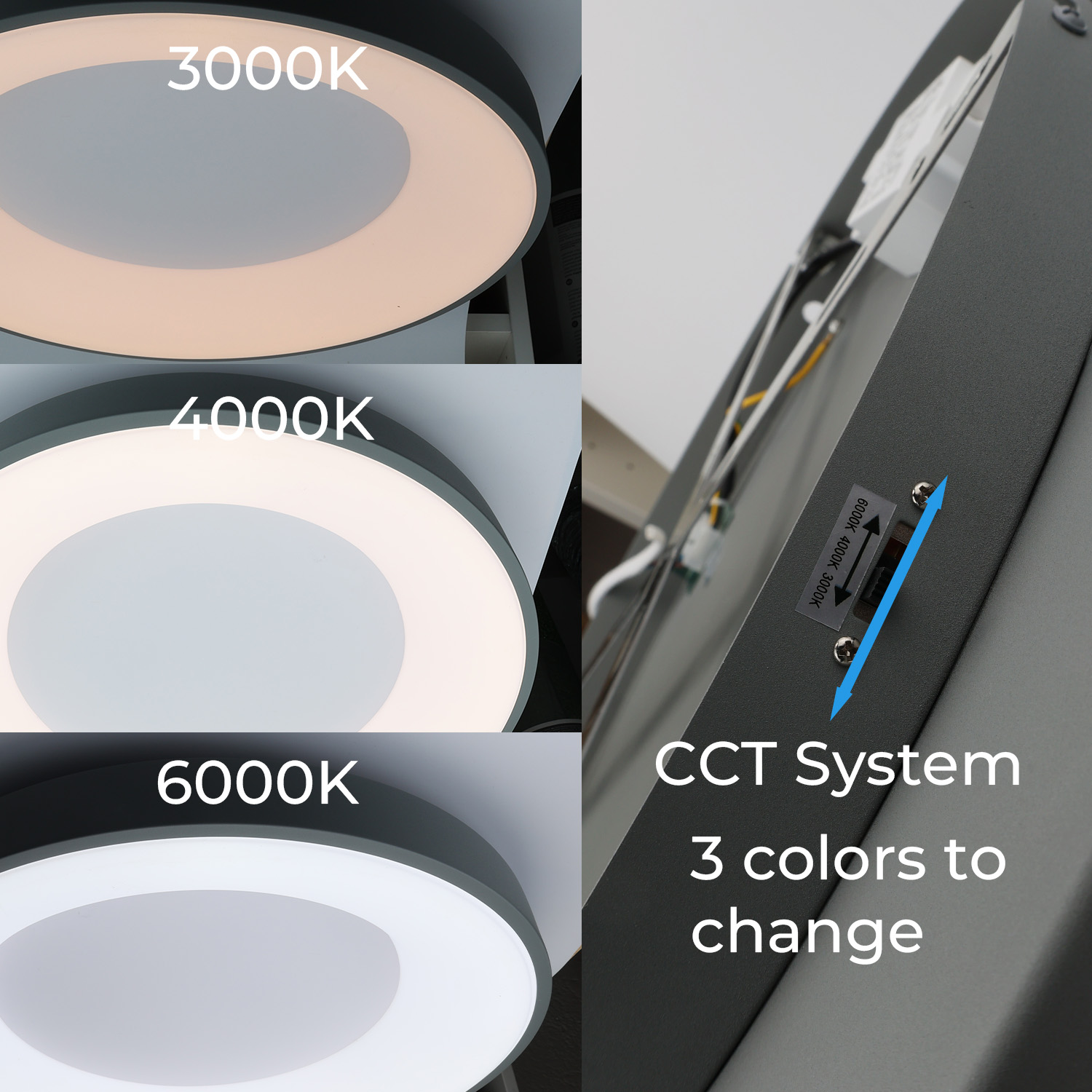 Tres luces de techo con diferentes temperaturas de color. El lado derecho muestra un sistema CCT y 3 opciones de color.