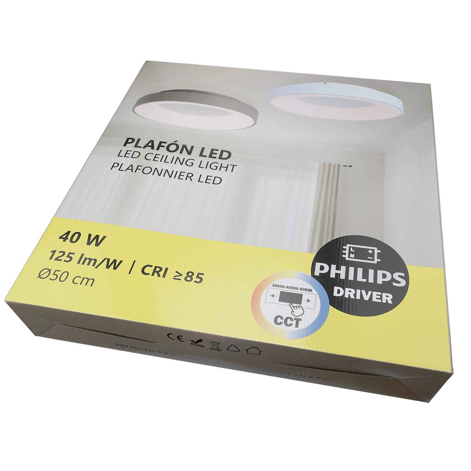 Caja con una luz de techo LED. Texto en español e inglés, detalles sobre vatios, lúmenes y CRI. Logotipo de Philips.
