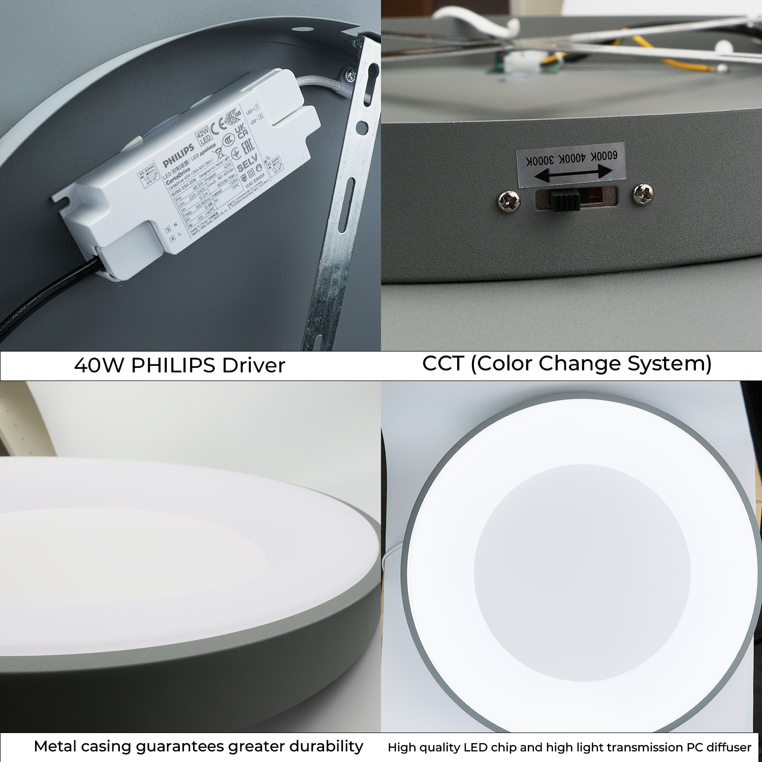Cuatro imágenes que muestran detalles de una luz de techo: controlador, sistema de cambio de color, carcasa metálica y difusor LED.