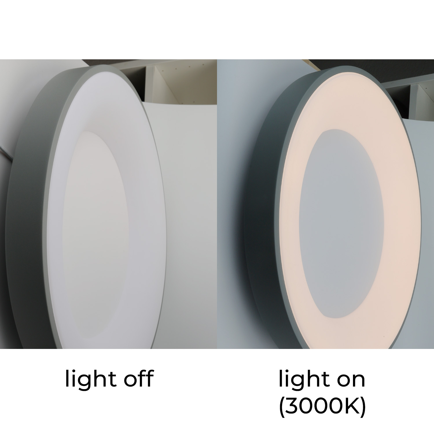 Dos luces de techo, una apagada y otra encendida. La luz encendida es de 3000K. La luz es blanca con borde gris.