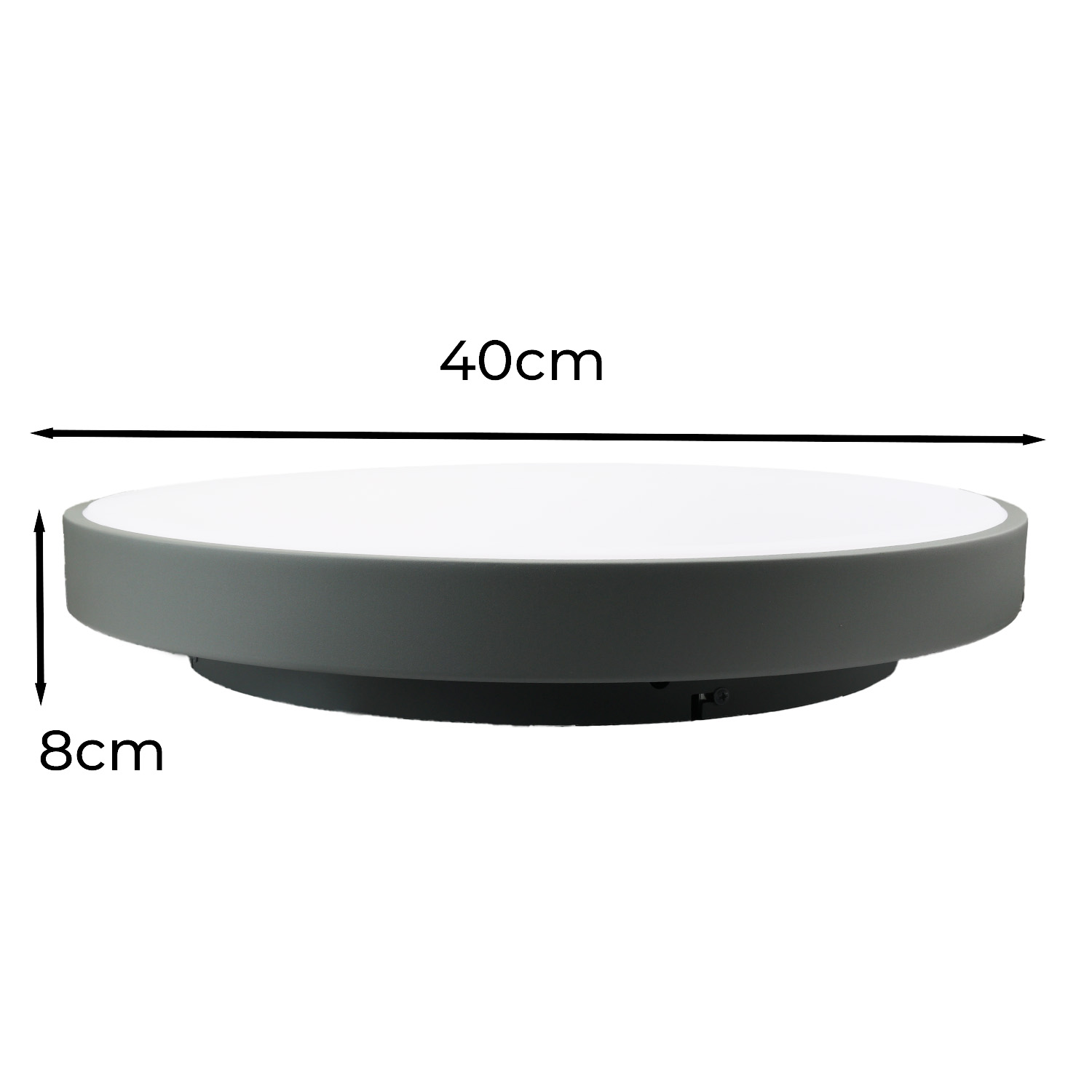 Lámpara de techo redonda gris y blanca con dimensiones indicadas.