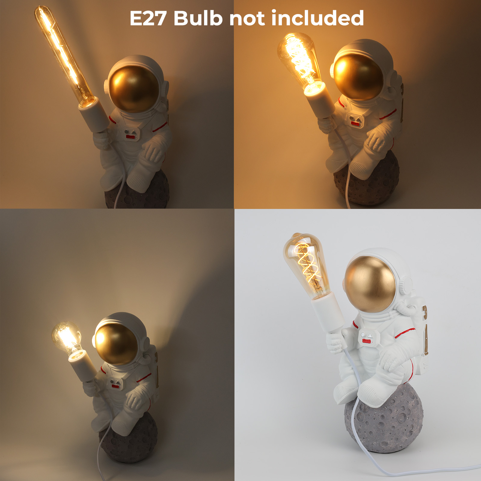 Cuatro imágenes de una lámpara de astronauta sosteniendo una bombilla, varias condiciones de iluminación.