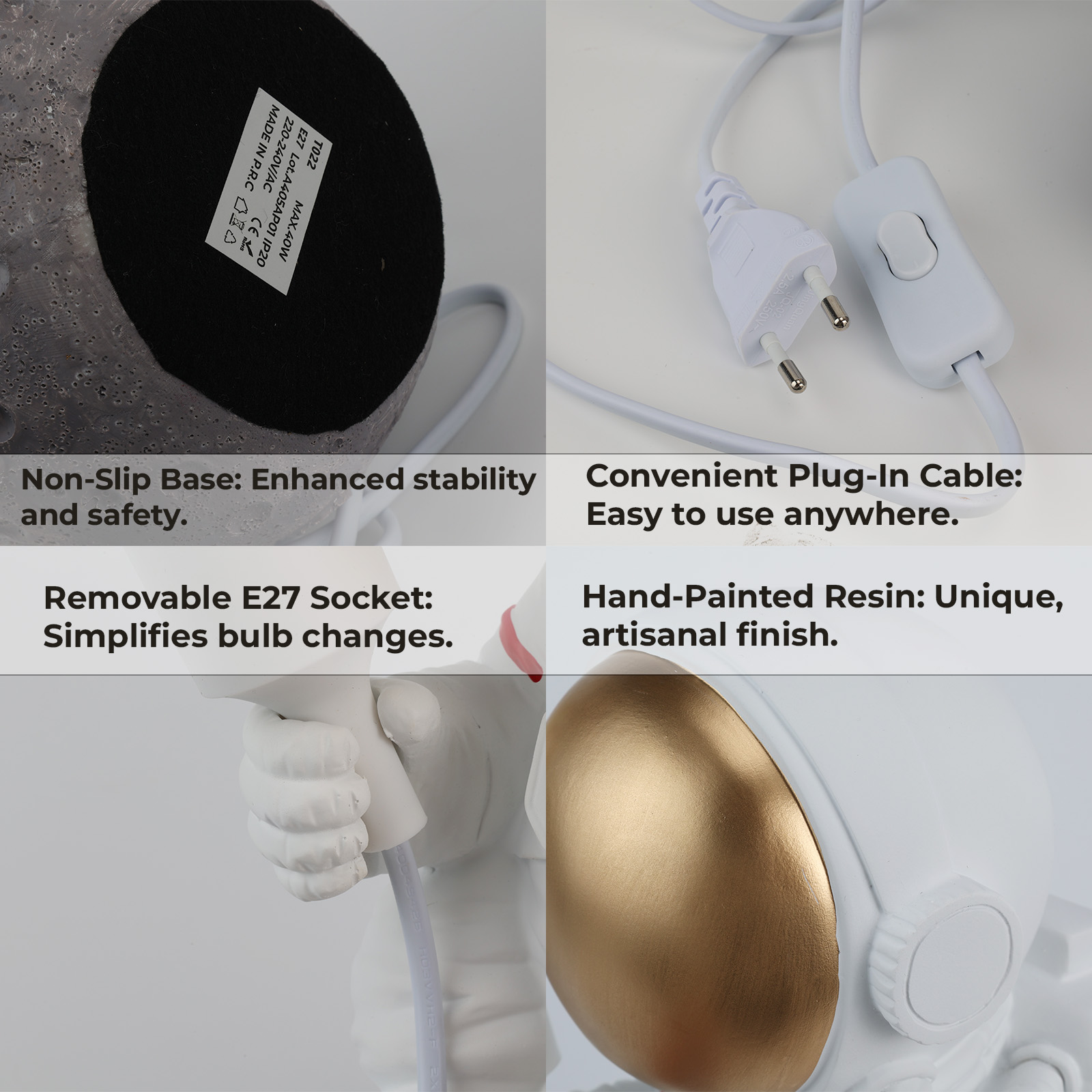 Una lámpara con forma de astronauta con detalles de base antideslizante, cable enchufable y enchufe E27 extraíble.